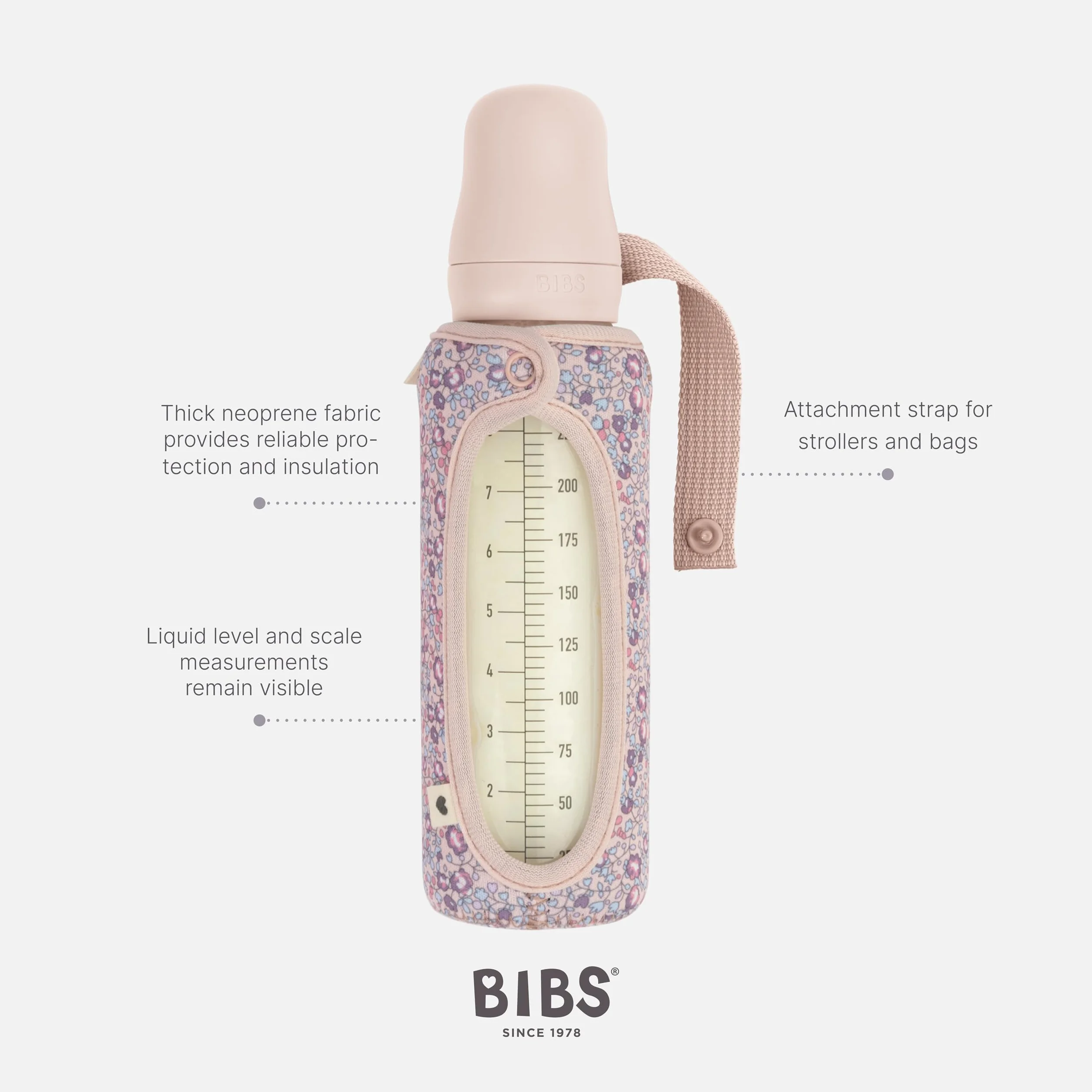BIBS x LIBERTY Copribiberon 225ml - Custodia protettiva in neoprene per biberon BIBS - Design con stampa Liberty, Large, Eloise Blush