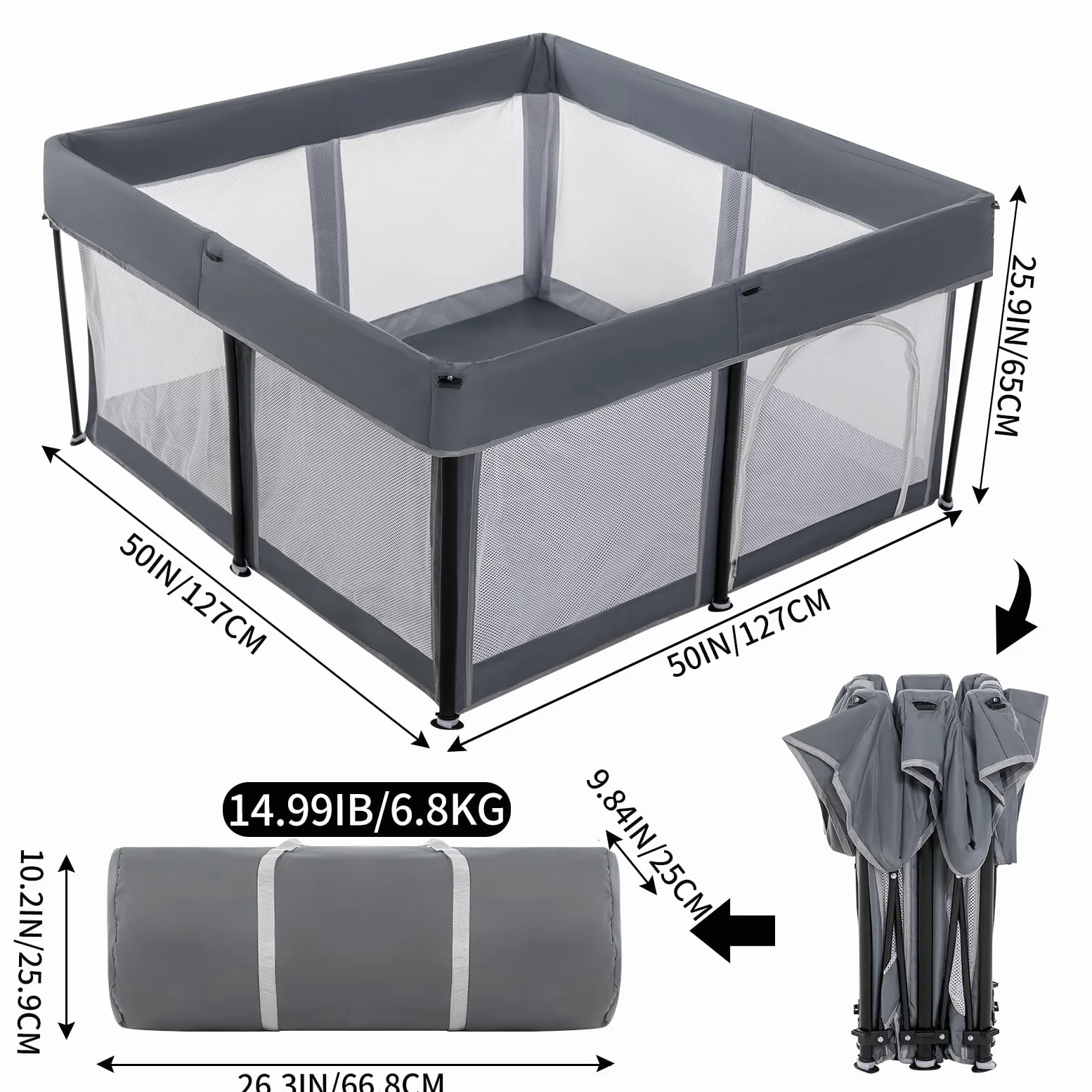 Box pieghevole per bambini, 127 x 127 cm, extra large, per neonati e bambini, centro attività per interni ed esterni con recinzione, grigio