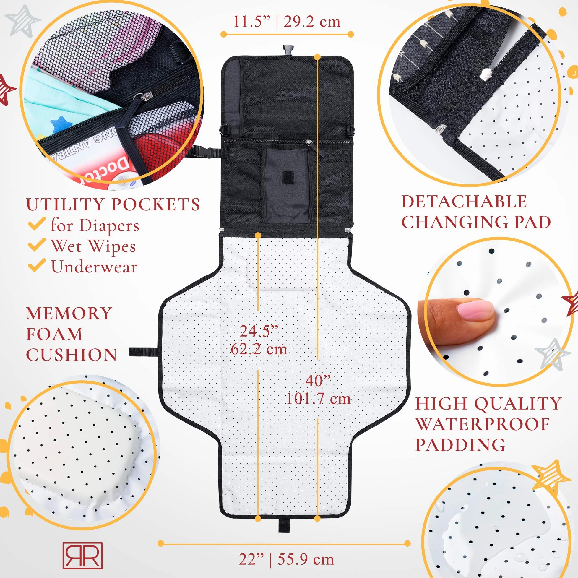 B0NUS - Fasciatoio portatile impermeabile per pannolini – Borsa termica per biberon 2 in 1, borsa per cambio pannolino e fasciatoio portatile con cuscino integrato (nero)
