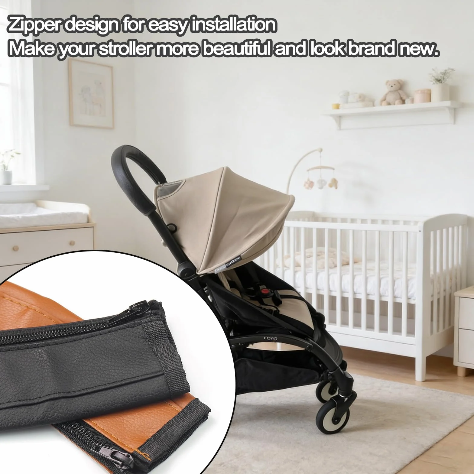 2PCS Copri Maniglia Passeggino Marrone, Copri Maniglie per Carrozzina in Pelle di Pu, Protezione Della Maniglia Per Carrozzina,Impermeabile,Impugnatura Antipolvere Copertura-Marrone+Nero