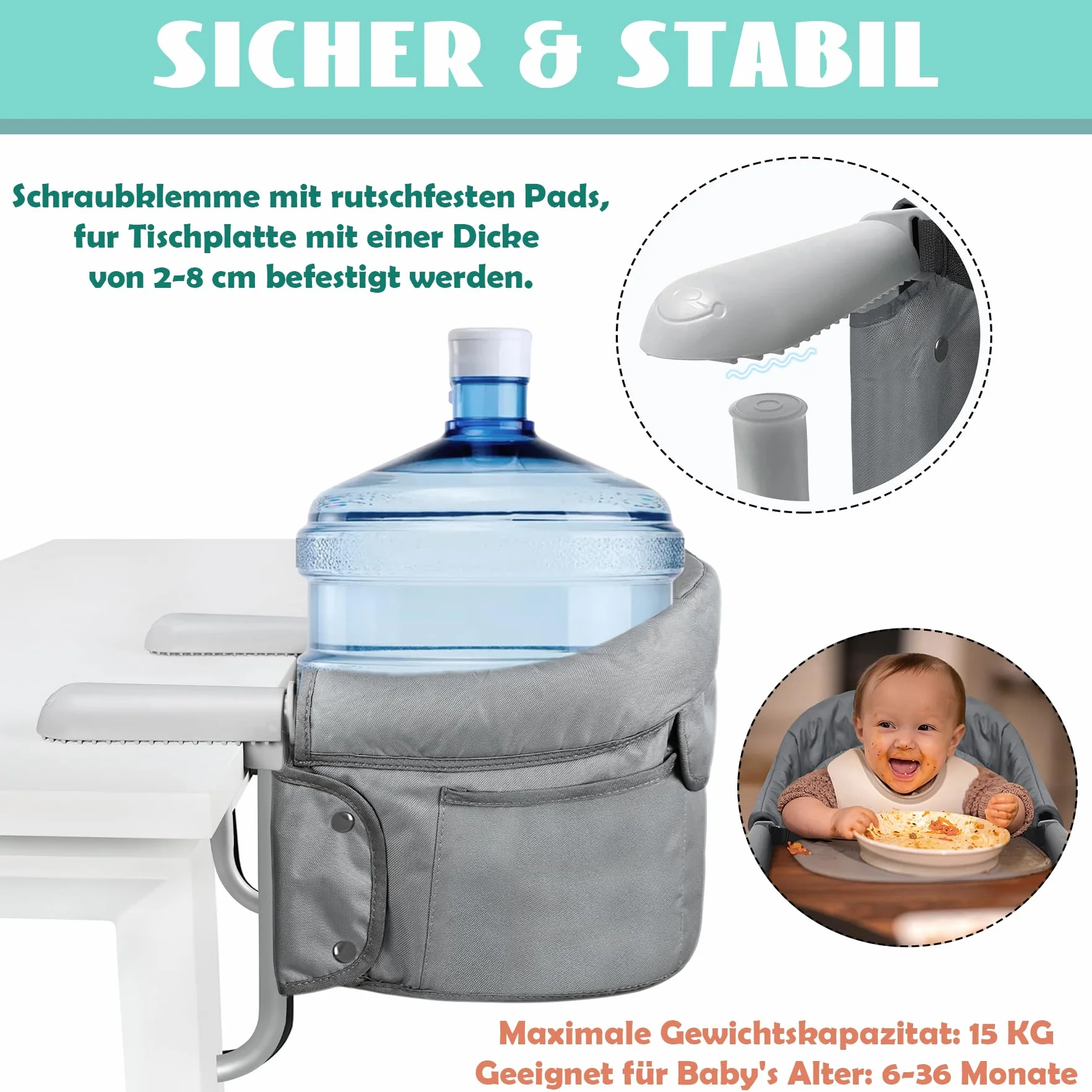 SUBTLETY Seggiolino da tavolo pieghevole, con borsa trasporto, antiscivolo, morsetti, borsa seduta, portatile, 2-8 cm spessore tavolo, 15 kg carico
