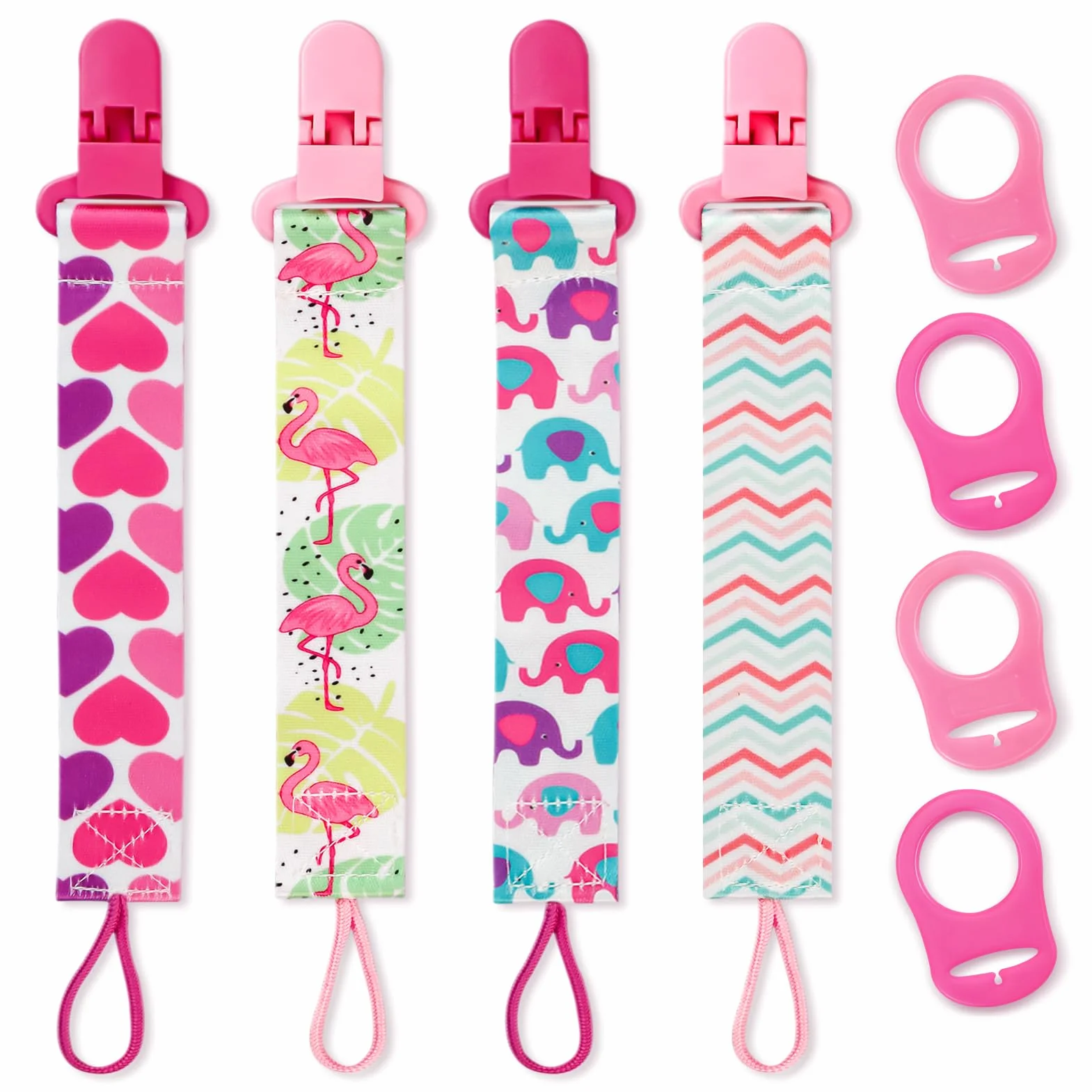 4 Pezzi Ciuccio Catena per Bambini, Catenella Porta Ciuccio con 4 Pezzi Ciuccio Clip Adattatore per Neonato per Nascita Battesimo Baby Compleanno Natale Regalo