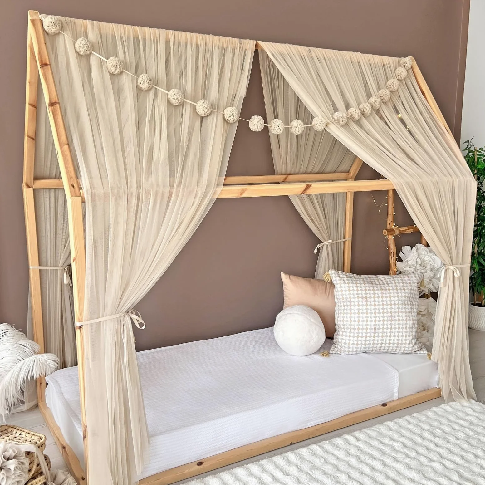 Tenda a baldacchino per letto della cameretta dei bambini, decorazione per letto montessori, tenda da gioco in morbido tulle per bambini (beige, 300 cm, senza accessori)