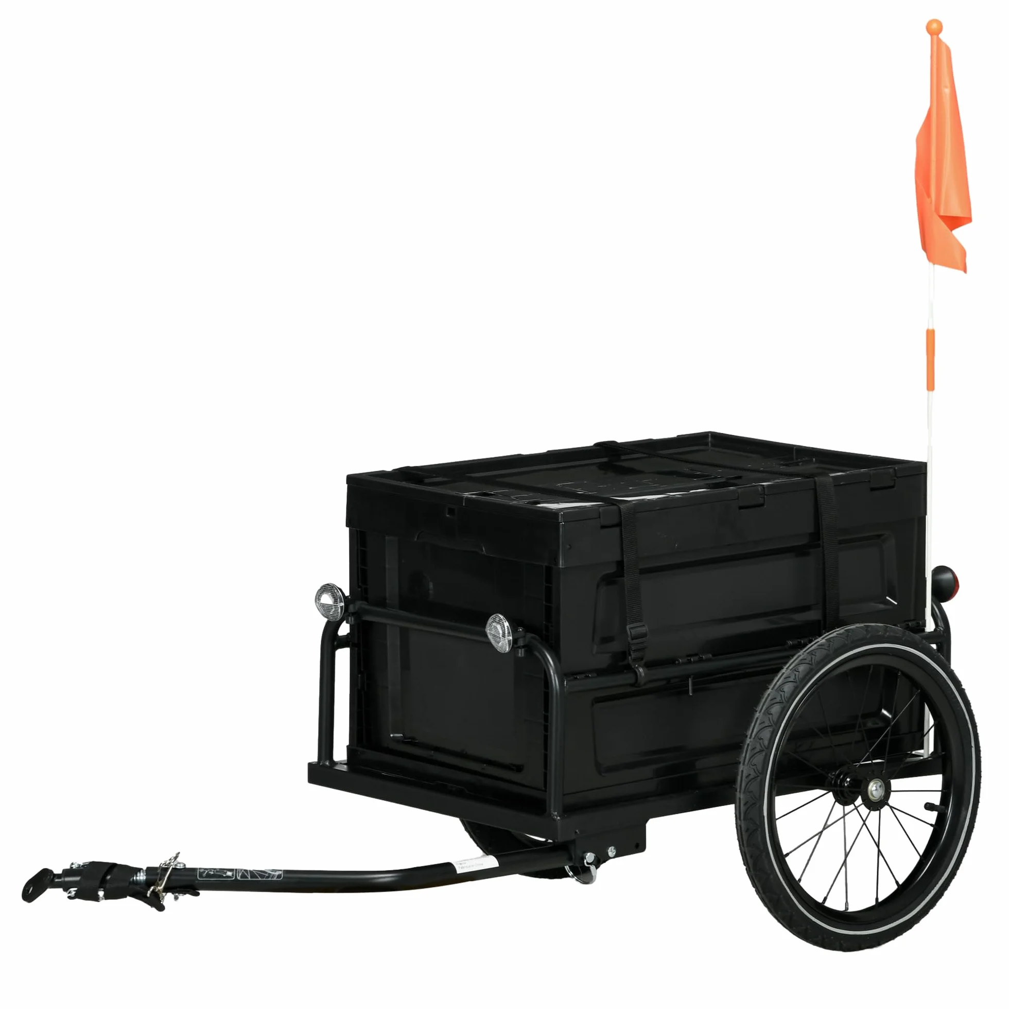 HOMCOM Rimorchio per biciclette, carrello portabici, carro per biciclette con cassetta pieghevole da 65L, grandi pneumatici e catarifrangenti sicuri, carico massimo 40KG, nero