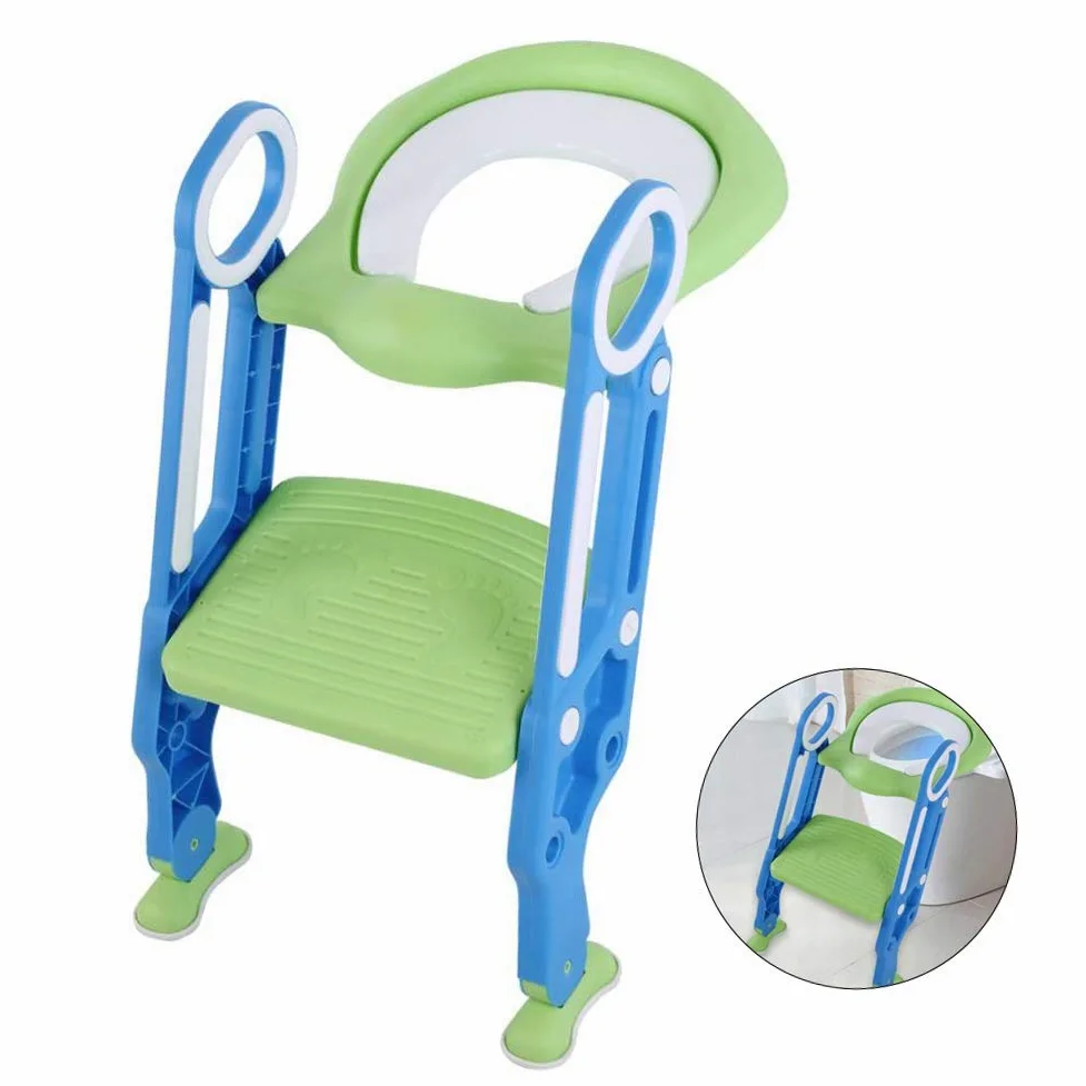 Sedile Portatile per Vasino per Bambini con Scaletta, con Gradino Regolabile in Altezza e Doppi Braccioli per la Sicurezza del WC (Turchese)