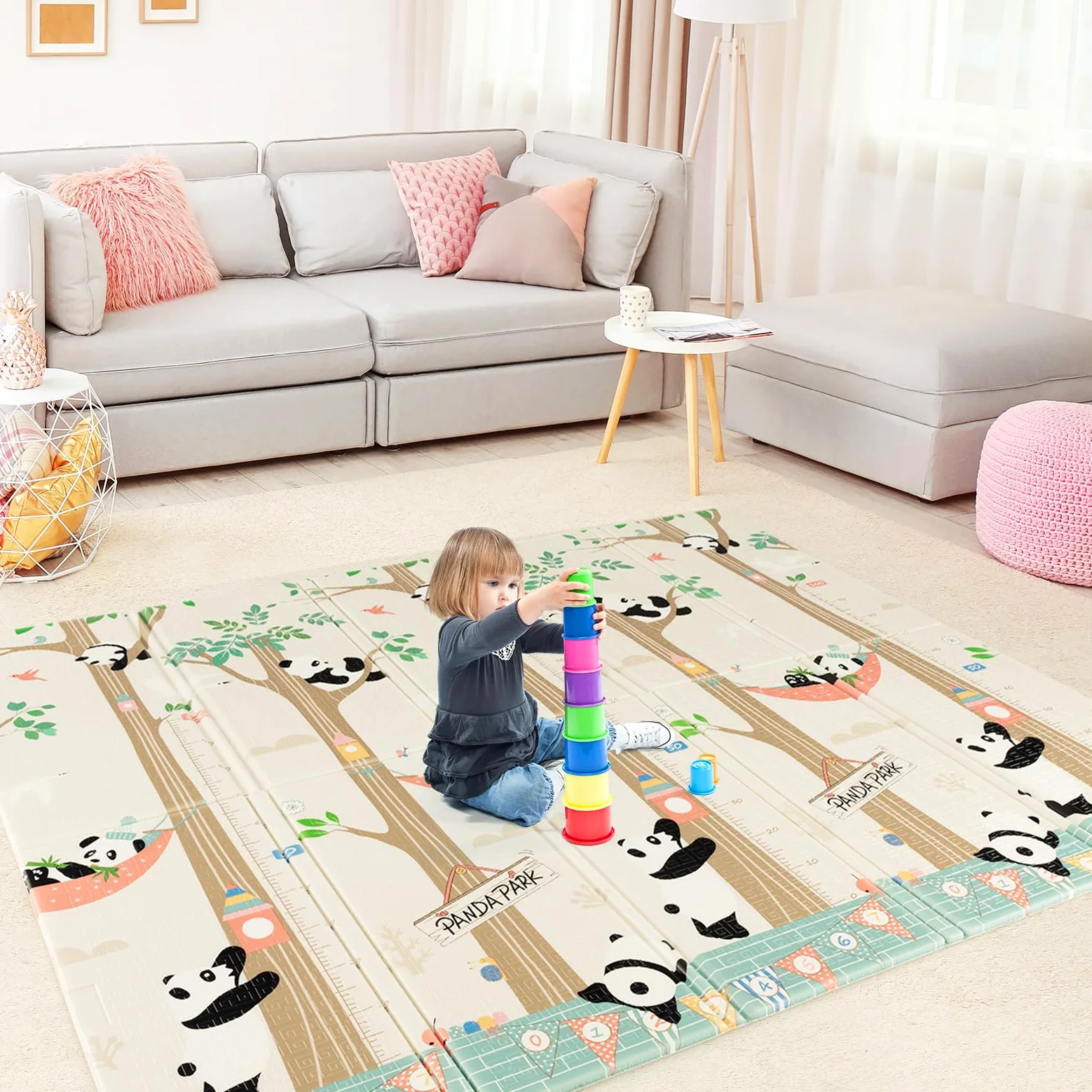 LIFEZEAL Tappeto Gioco Bambini 180x200cm, Tappetino Doppia in Schiuma Pieghevole e Impermeabile, Tappeto Neonato Gattonamento, Non Tossico, Tatami Bimbi Morbido da Cameretta con Borsa (beige panda)