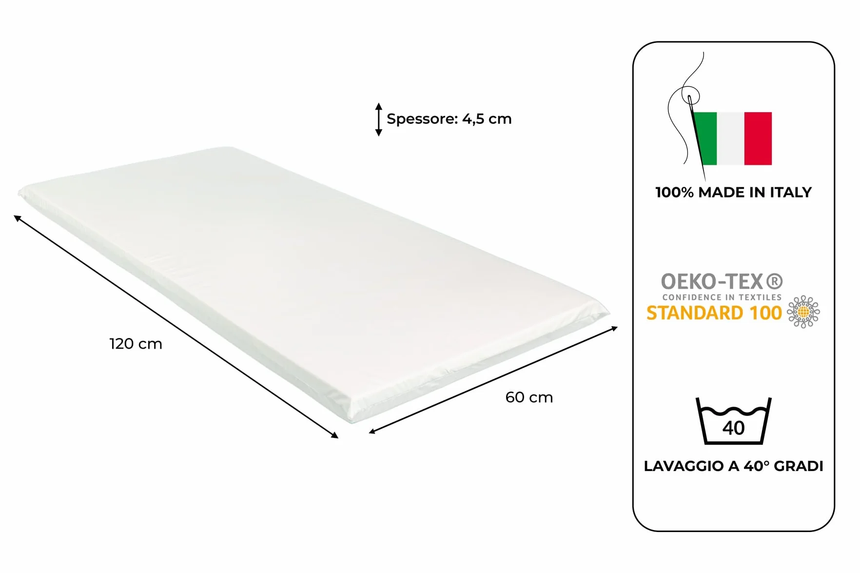 GHIOCUSCINI | Materasso Culla Neonato, Culla Pieghevole CAMPEGGIO, Materasso Bambino 100% Cotone, Fantasia BIANCO, Sfoderabile e Lavabile, 60 x 120 cm, Alto 4.5 cm, Made in Italy