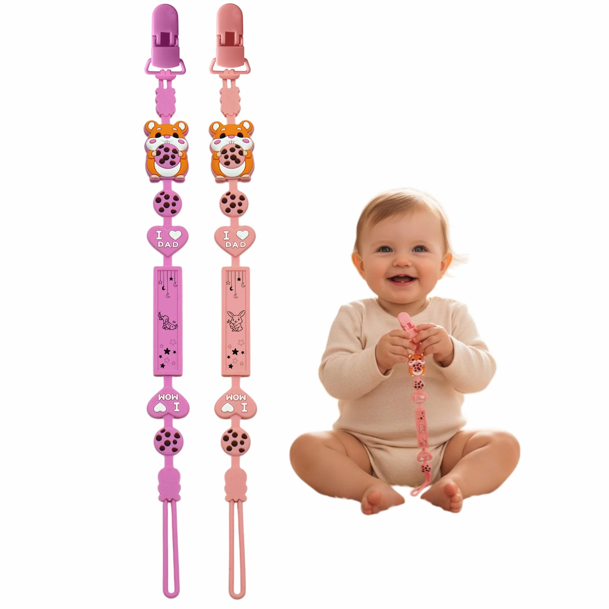 Catena per lecca-lecca in silicone, portaciuccio 2 in 1 e design monoblocco, cinghia per neonati e ragazzi, senza BPA, catena di criceto in 2 confezioni (Hamster - C)