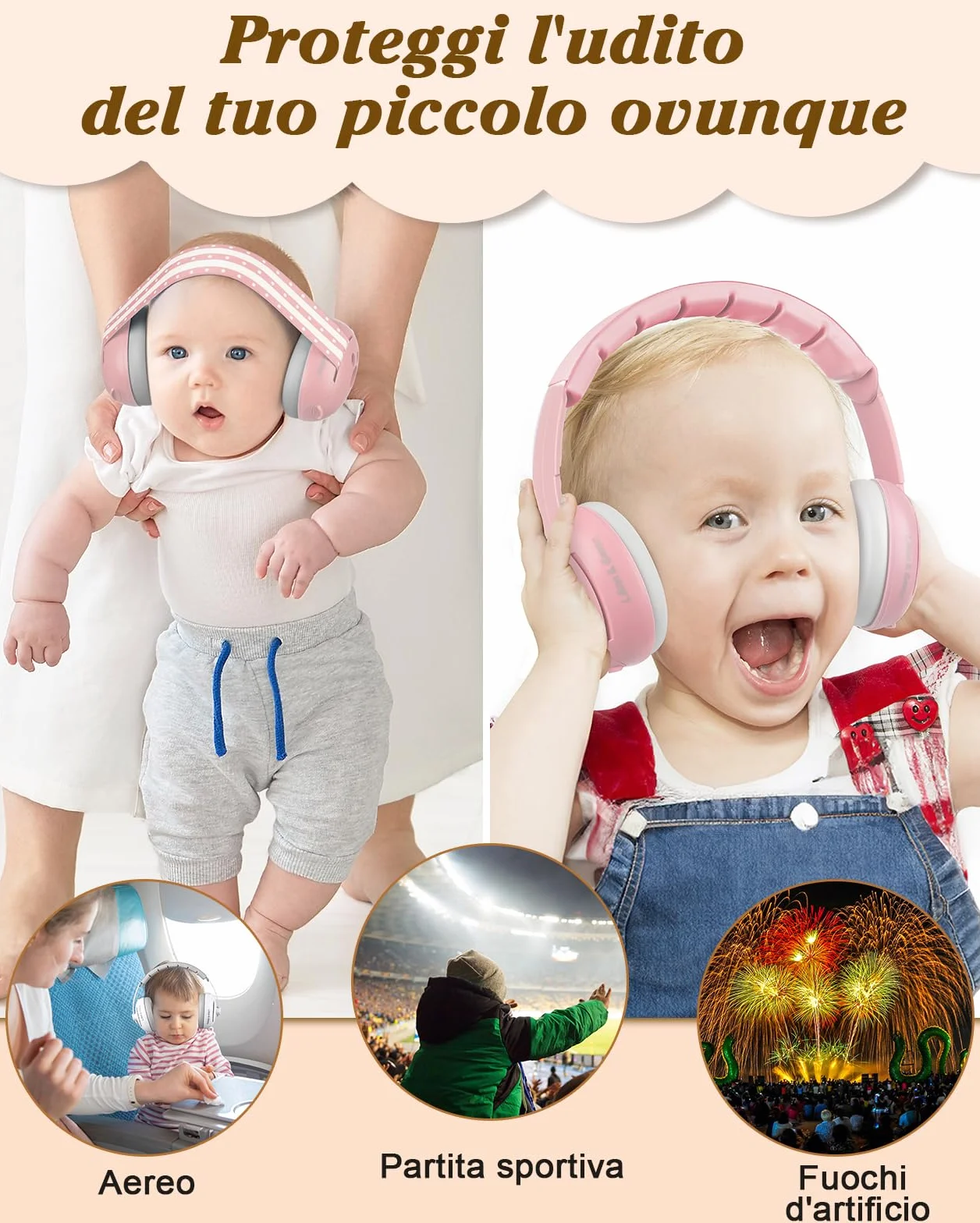 Lilian&Gema 2 in 1 Cuffie Neonato Antirumore -25dB,Protettori acustici per neonati, archetto regolabile, antiscivolo e antistress, protezione acustica ideale per neonati fino a 48 mesi