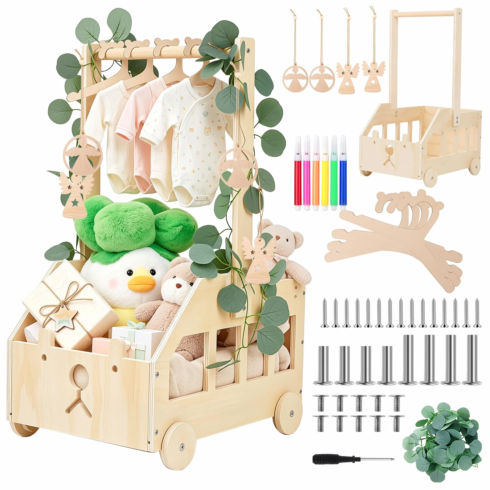 Cesto Nascita Bimbo in Legno con Ruote, Maniglia e 5 Grucce, Cesto Regalo Organizzatore per Prodotti Neonato, Idea Regalo Nascita e Regalo Baby Shower, Design Orsetto per Cameretta
