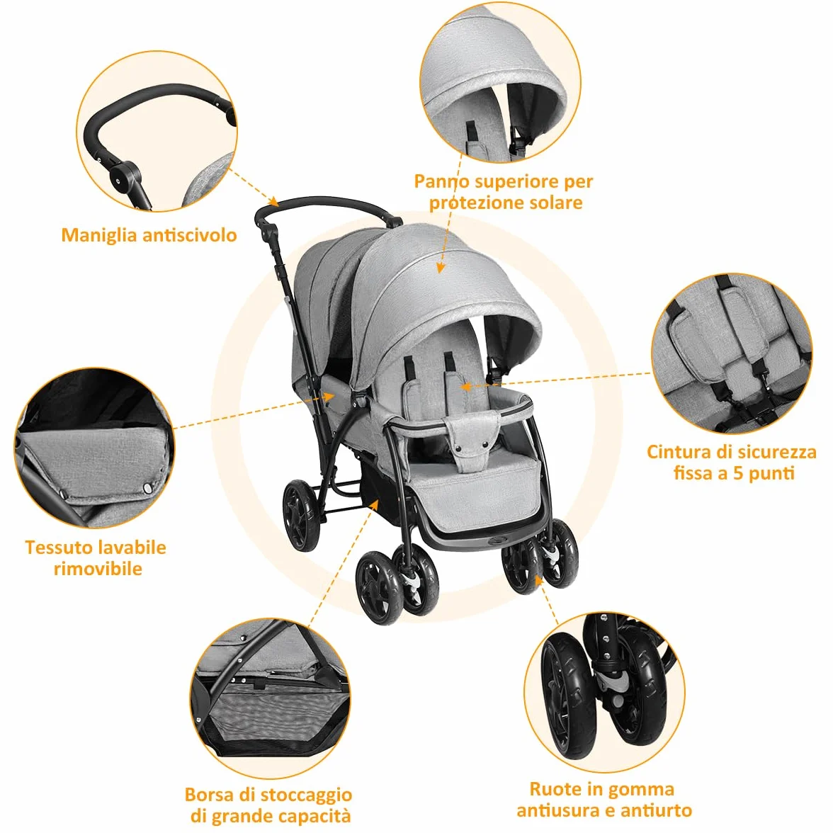 GYMAX Passeggino Gemellare Doppio/Fratelli di Età Diverse, Pieghevole Leggero, Tendalino/Schienale Regolabili, Portata di 15kg+15kg (Grigio, Verticale)