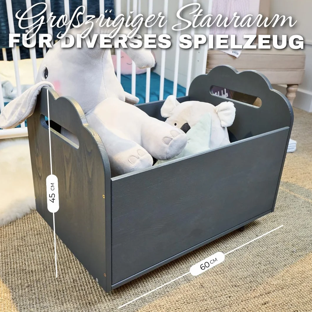 ALAVYA HOME® Organizer per giocattoli per bambini, con 4 ruote, in legno di pino (antracite)