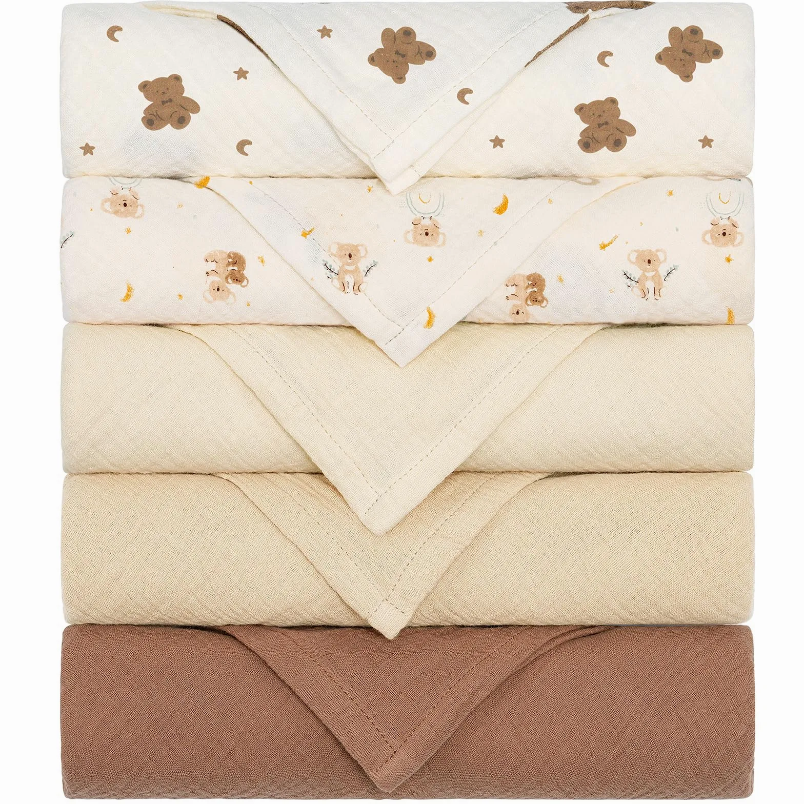 Panni di garza per neonati, 100% cotone, 60 x 60 cm, assorbenti e traspiranti, in mussola, set da 5 pezzi, per neonati, ragazzi e ragazze, orso marrone