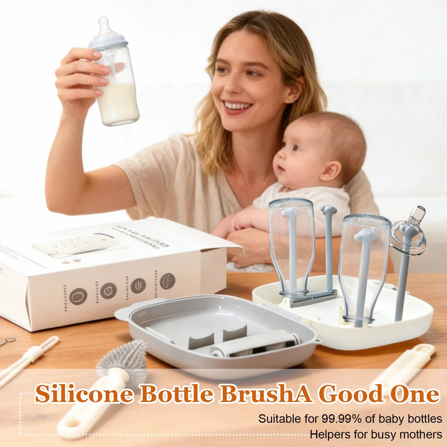 Spazzola per Biberon 6 in 1, Set Spazzole Biberon da Viaggio, Silicone Pulisci Biberon Spazzola, con ciuccio, spazzola per cannuccia, rastrelliera per drenaggio, scatola