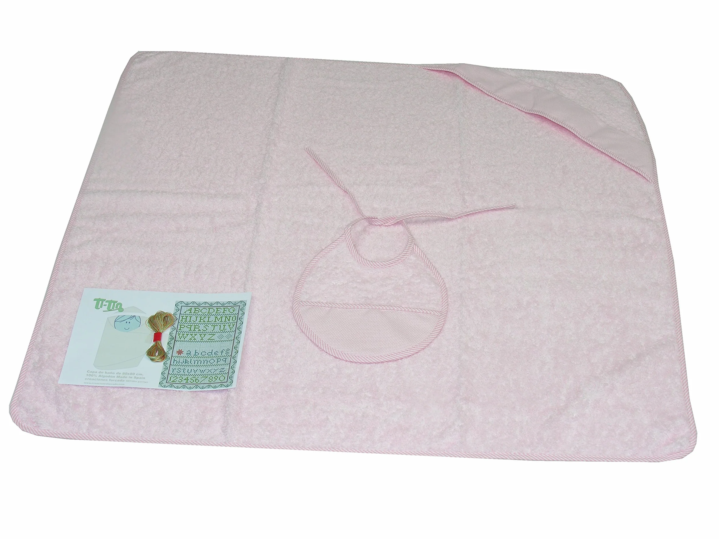 Ti TIN Confezione Asciugamano con Cappuccio Bimba + Bavaglino Punto Croce | 100% Cotone con Tocco Molto Morbido, Colore Rosa, 100x100 cm