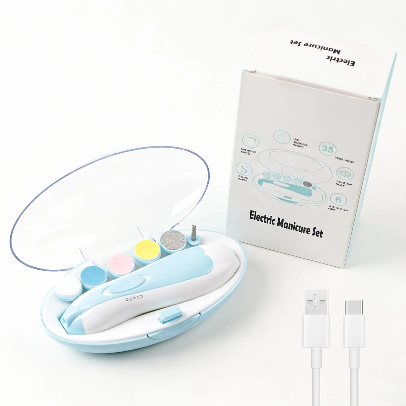 Elettrica Lima per Unghie per Bambini, Tagliaunghie Elettrico Sicuro, Kit di Lima per Unghie per Bambini, 6 Testine di Macinazione e Luce LED， per Punta e Unghie Neonato(Azzurro)