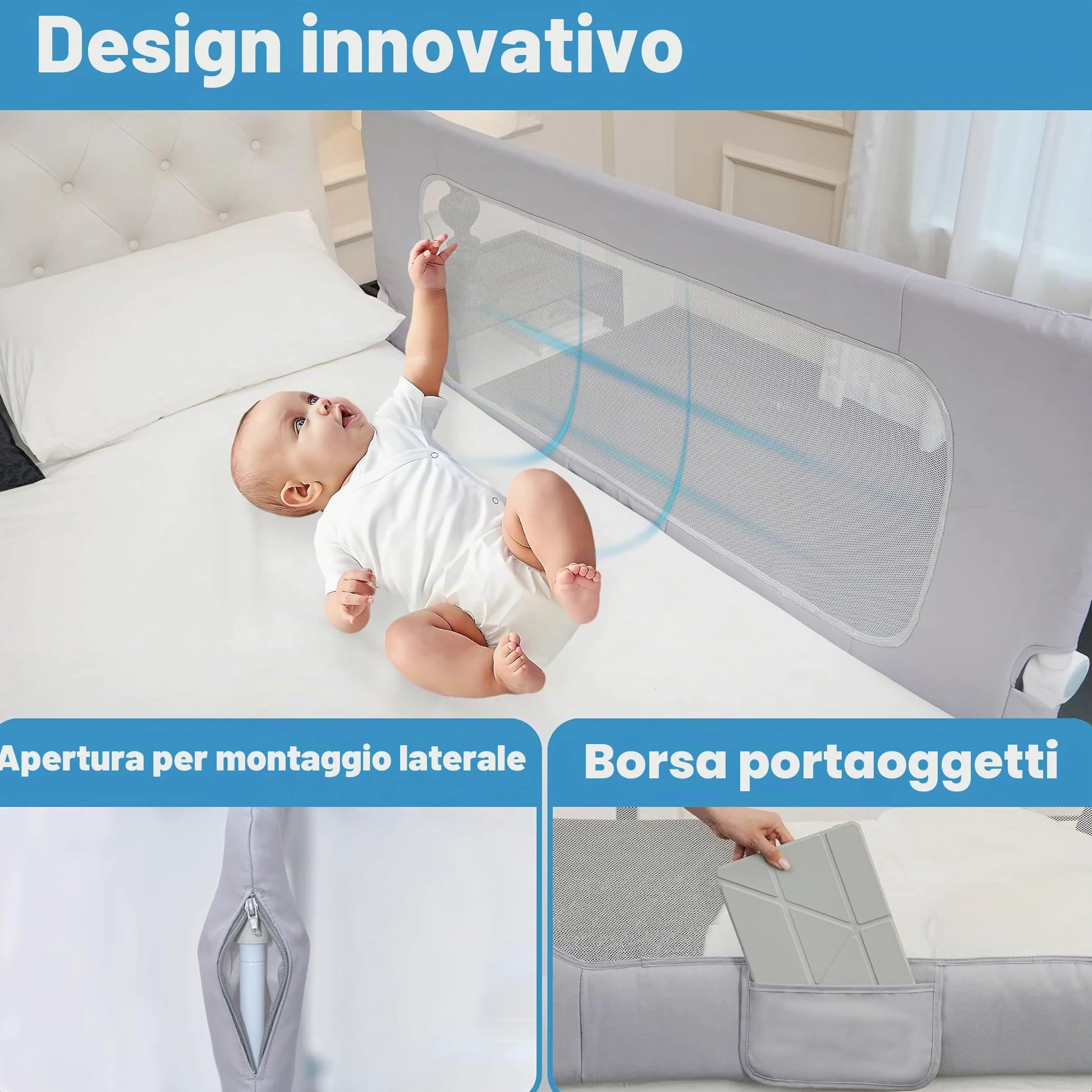 Sponda per letto per bambini, pieghevole, 32in / 85 cm di altezza, regolabile, protezione di sicurezza per bambini, universale, per letti doppi/matrimoniali/king/queen size.