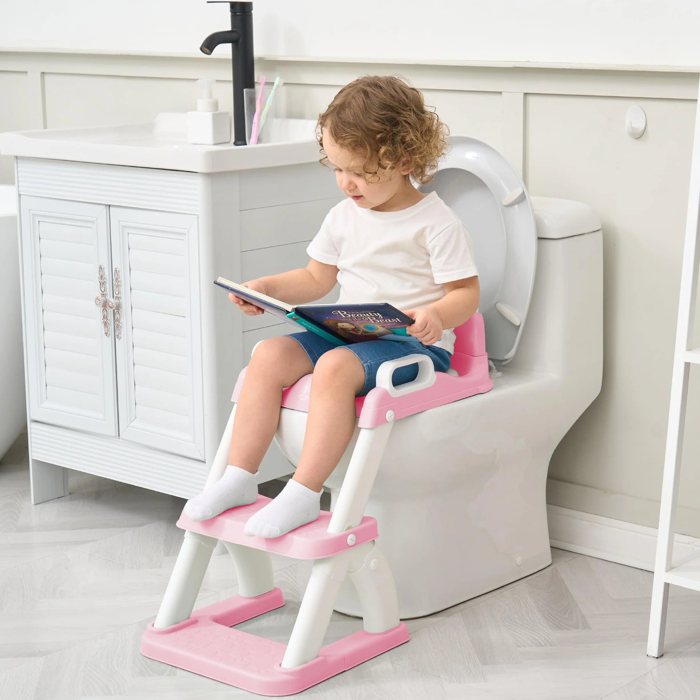 Riduttore WC Bambini con Scaletta – Sedile WC Pieghevole per Apprendimento Autonomo – Adattatore Toilette con Gradino Antiscivolo e Maniglie – Vasino Bambini