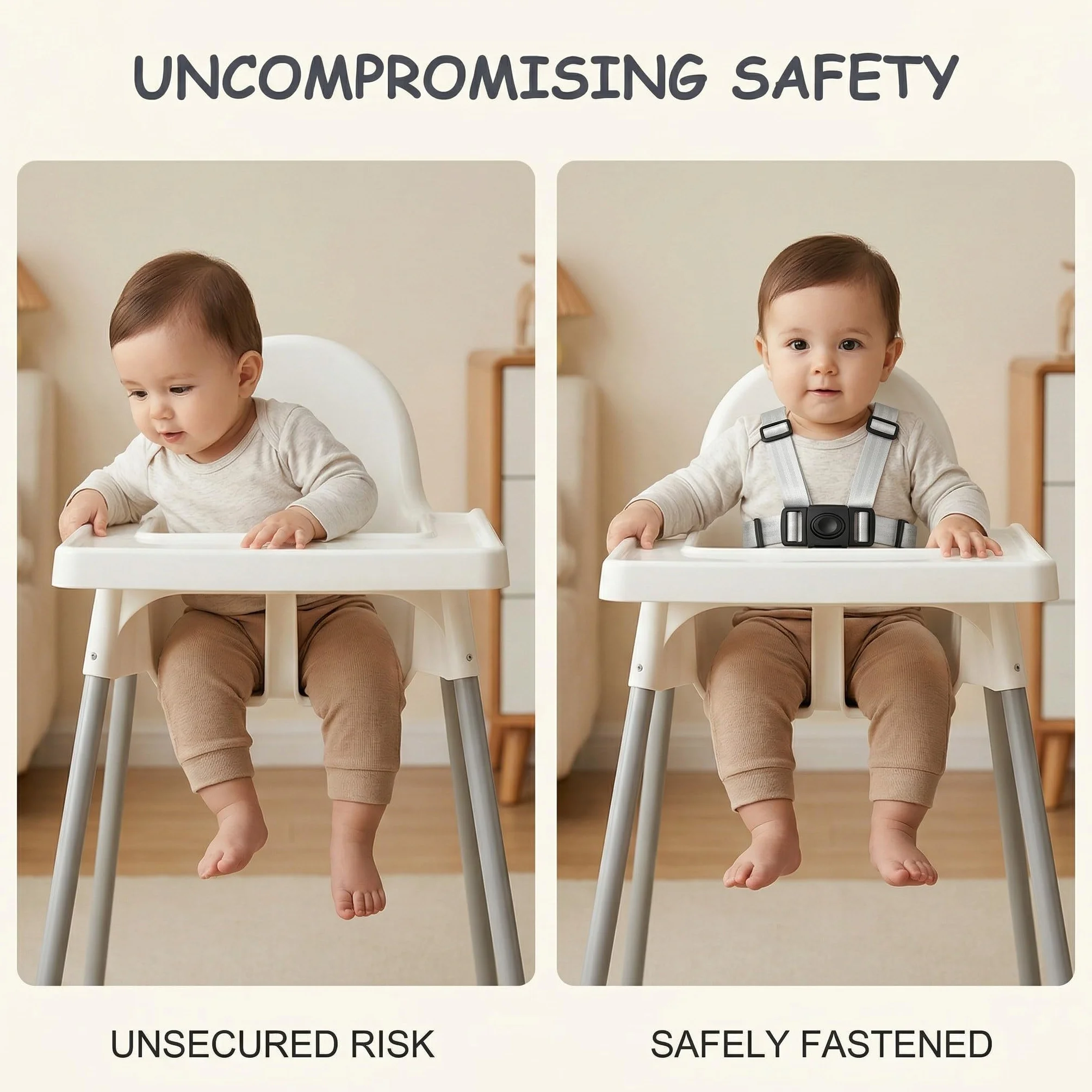 Cintura di Sicurezza a 3 Punti per Seggiolone Pappa, Imbracatura di Ricambio Universale e Regolabile, Cinghia di Protezione per Passeggino, Carrozzina e Sedia Bumbo (Grigio Bianco)
