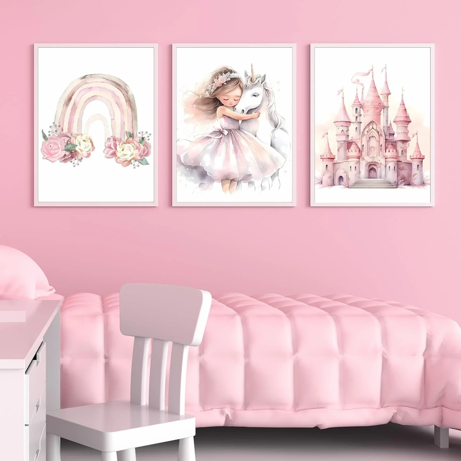 Zamety Poster da Parete Ragazza, Quadro Camera da Letto 30×40cm, Set di 3 Poster Arcobaleno Unicorno Principessa e Castello, Stampe da Parete Adatto per Camerette per Bambine, Senza Cornice
