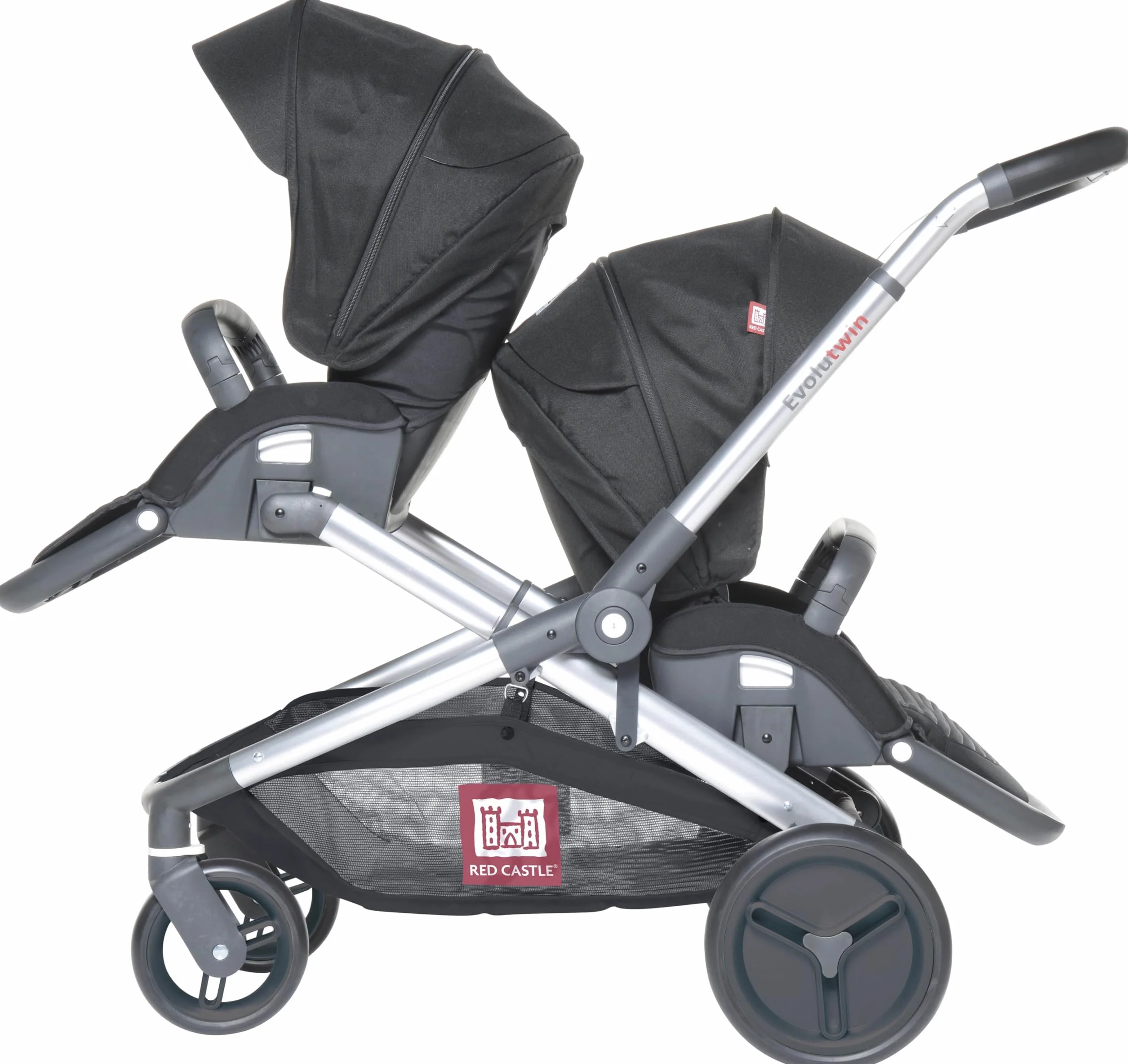 RED CASTLE, Passeggino Gemellare/Tandem/Doppio, dalla nascita, sedute reversibili con schienale reclinabile a 3 posizioni, grande cestino portaoggetti, telaio regolabile e modulabile, Evolutwin,Nero