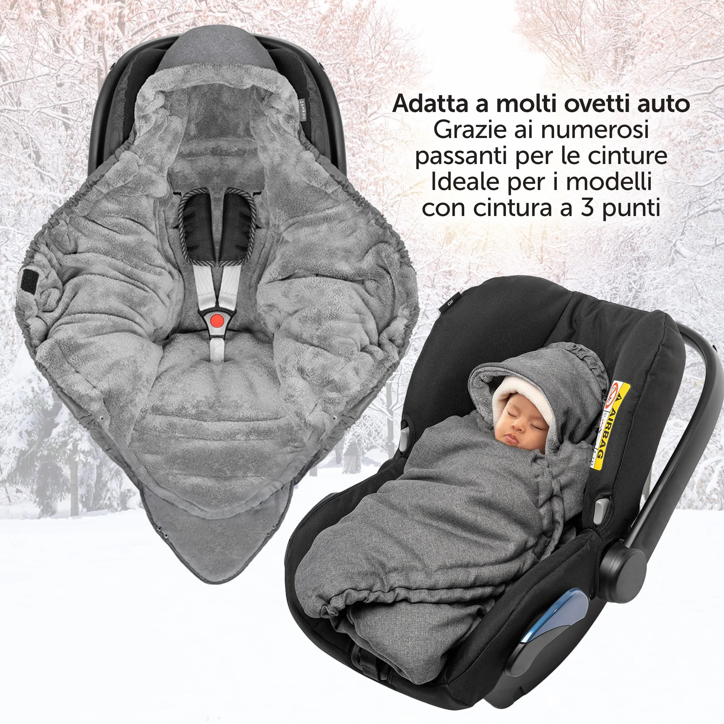 Zamboo Coperta Neonato con Aperture per Cinture e Borsa - Copertina Ovetto Invernale utilizzabile come Sacco a Pelo - Grigio