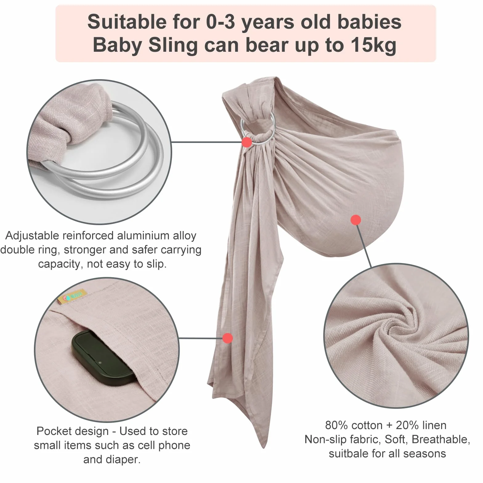 Fascia portabebè per neonati e bambini, regolabile, traspirante, in mussola con doppio anello, ideale come regalo per i neo genitori (grigio)
