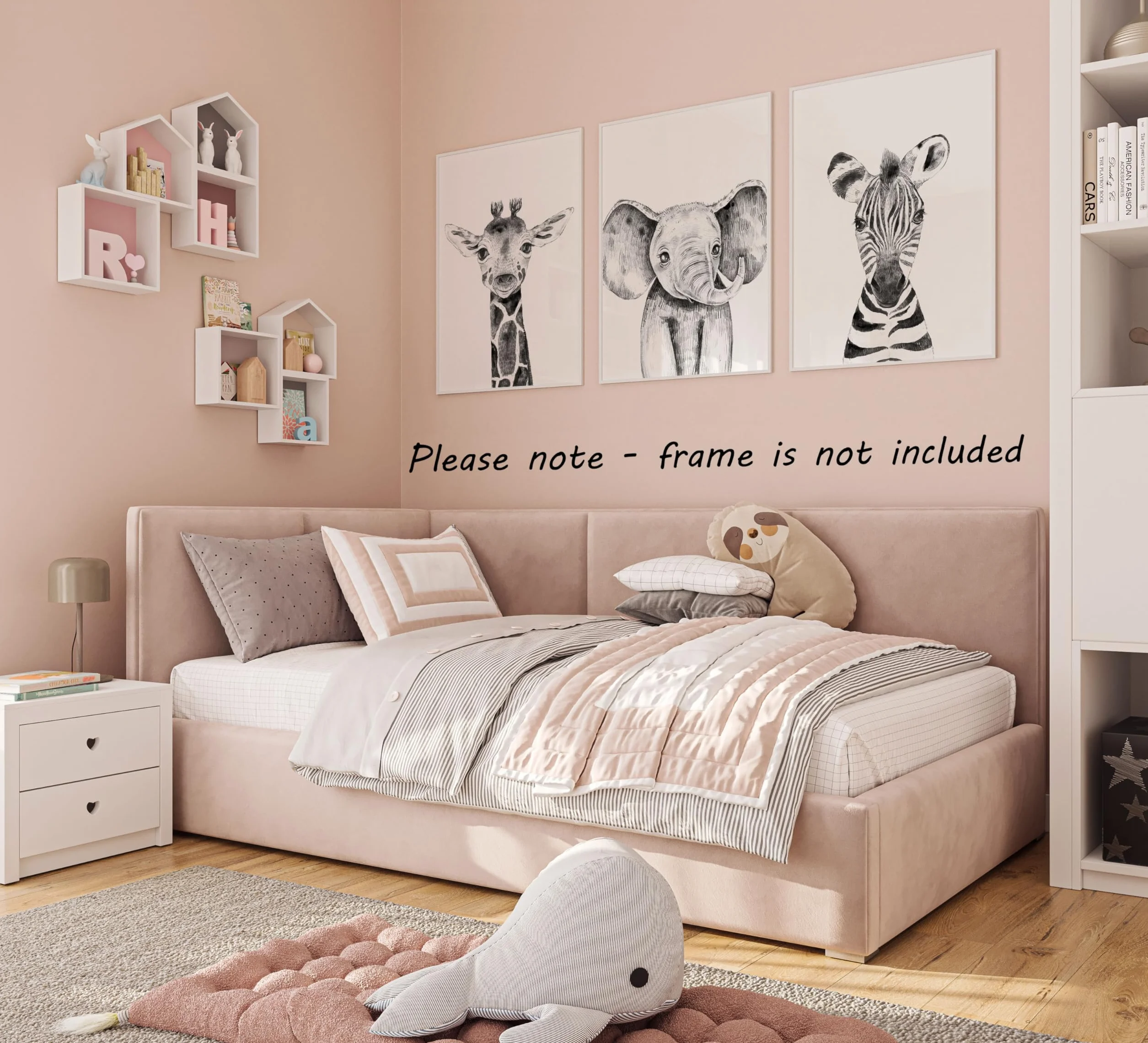 Eviepops Prints Quadri Cameretta Bambini Safari – Set di 3 Stampe Animali Elefante, Giraffa, Zebra Stile Bianco e Nero Decorazione Parete Bambini Senza Cornice (A3)