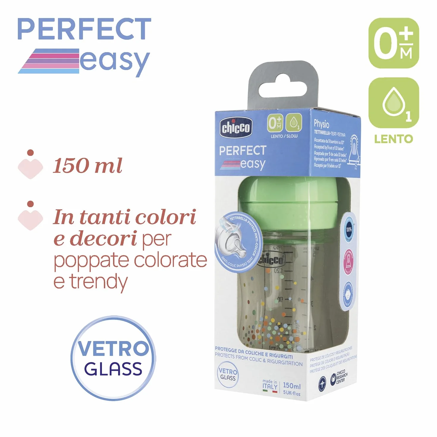 Chicco Biberon Perfect Easy Flusso Lento, con Tettarella Physio in Morbido Silicone e Finitura Soft Sense, Anticolica, Riduce Rigurgito e Irritabilità, Bottiglia in Vetro da 150ml, 0 Mesi+, Neutro