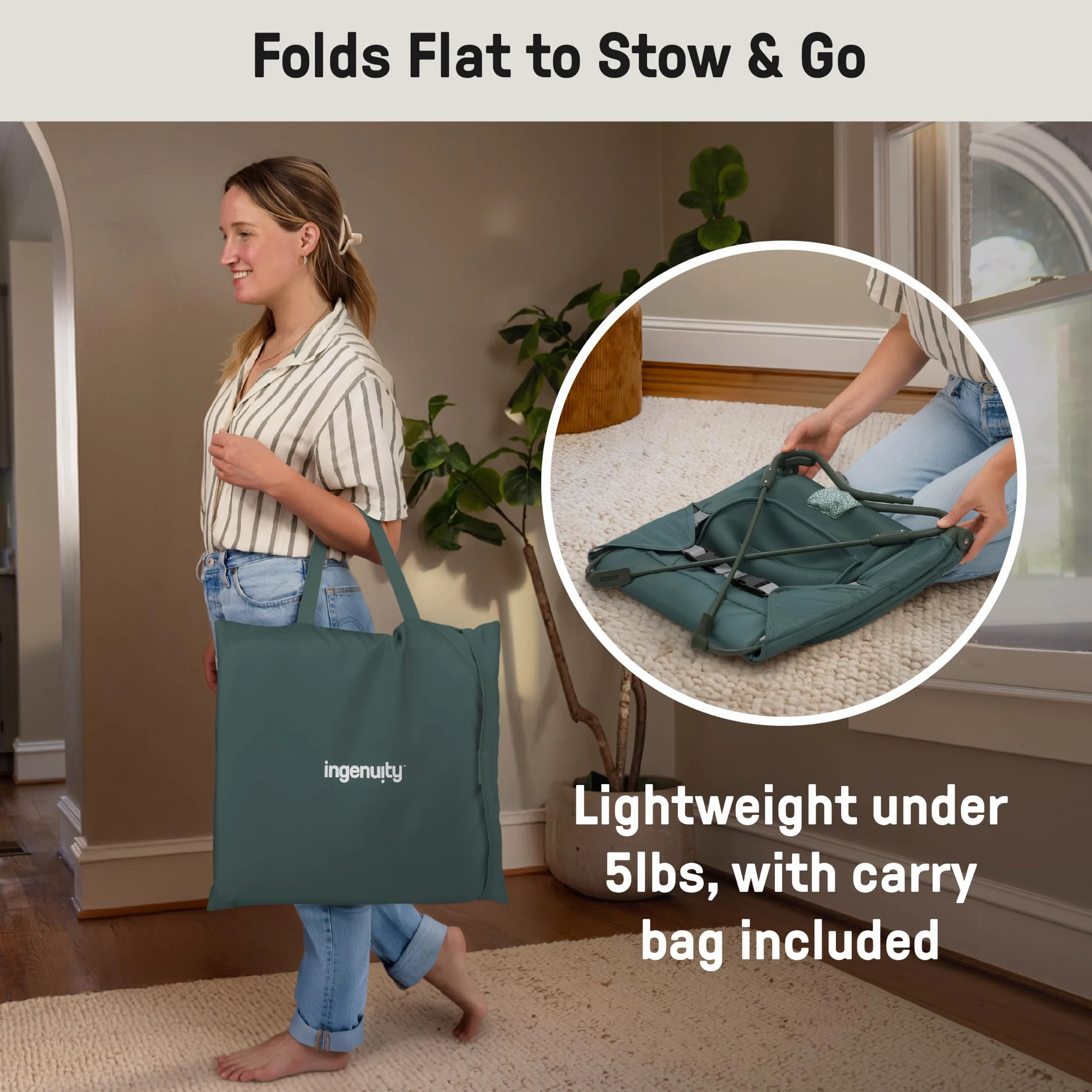 Ingenuity Stow & Go Dondolo per Bebè Pieghevole Compatto, Seggiolino Portatile Leggero con Vibrazione e Giocattolo, Verde, Meno di 5 lbs