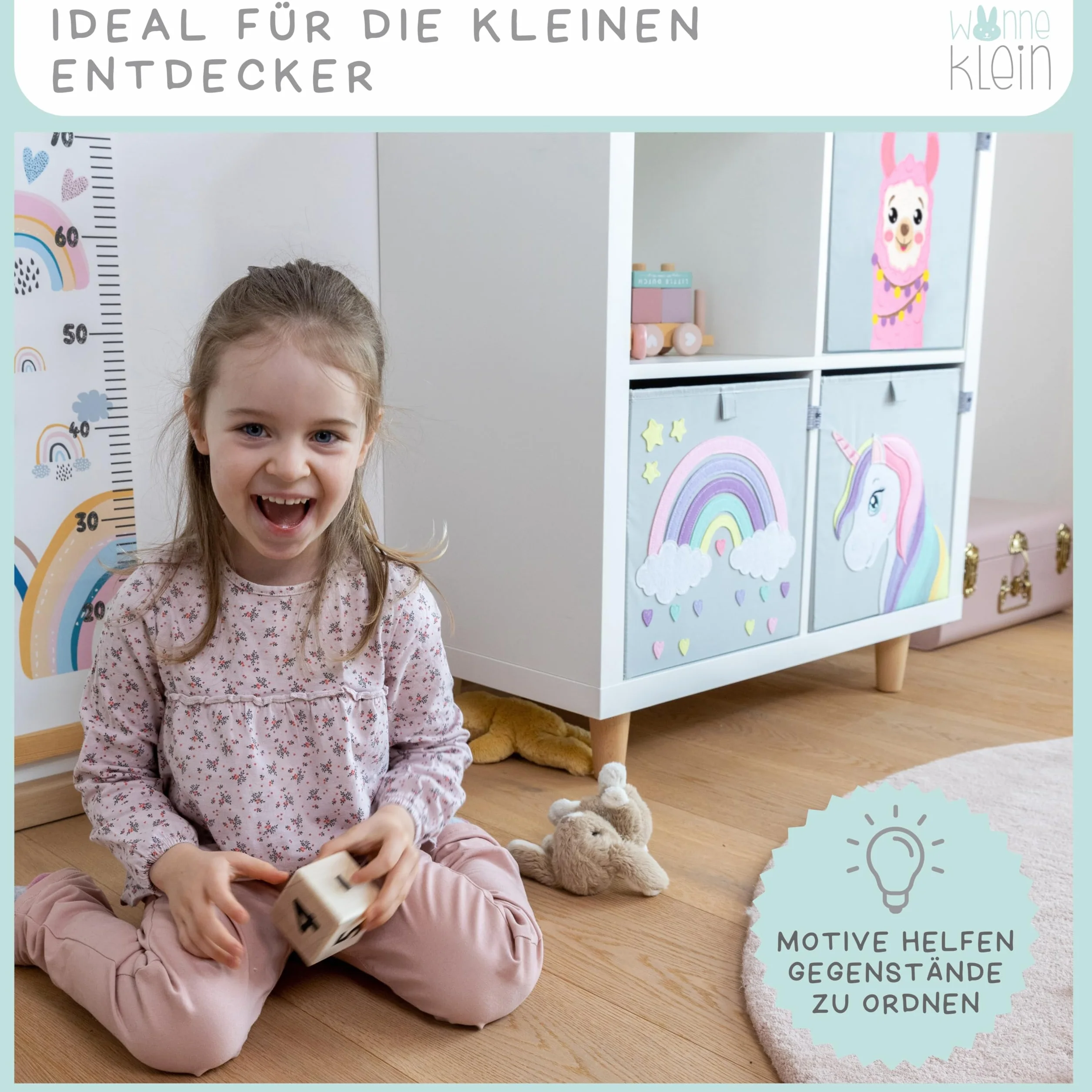 Scatola portaoggetti per bambini – 33 x 33 x 33 cm – Scatola pieghevole con motivo animali – Scatola per riporre gli scaffali Kallax – Set da 3 pezzi di alpaca, unicorno, arcobaleno