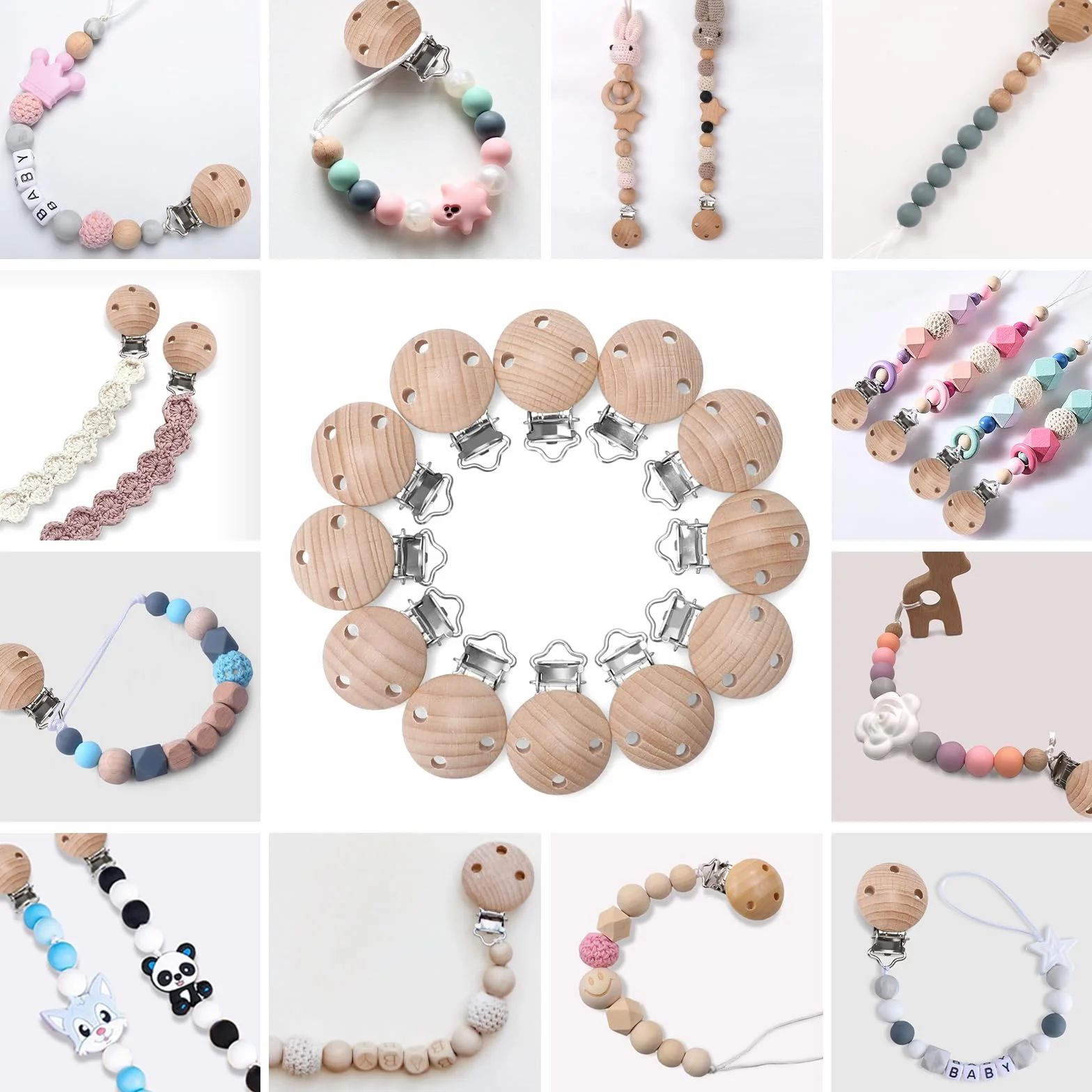 Kigniote 12 pezzi ciuccio clip di legno, bambino ciuccio catena clip ciuccio clip impedisce cadere o perdere il ciuccio ciuccio catena accessori per il fai da te ciuccio catena Crafting