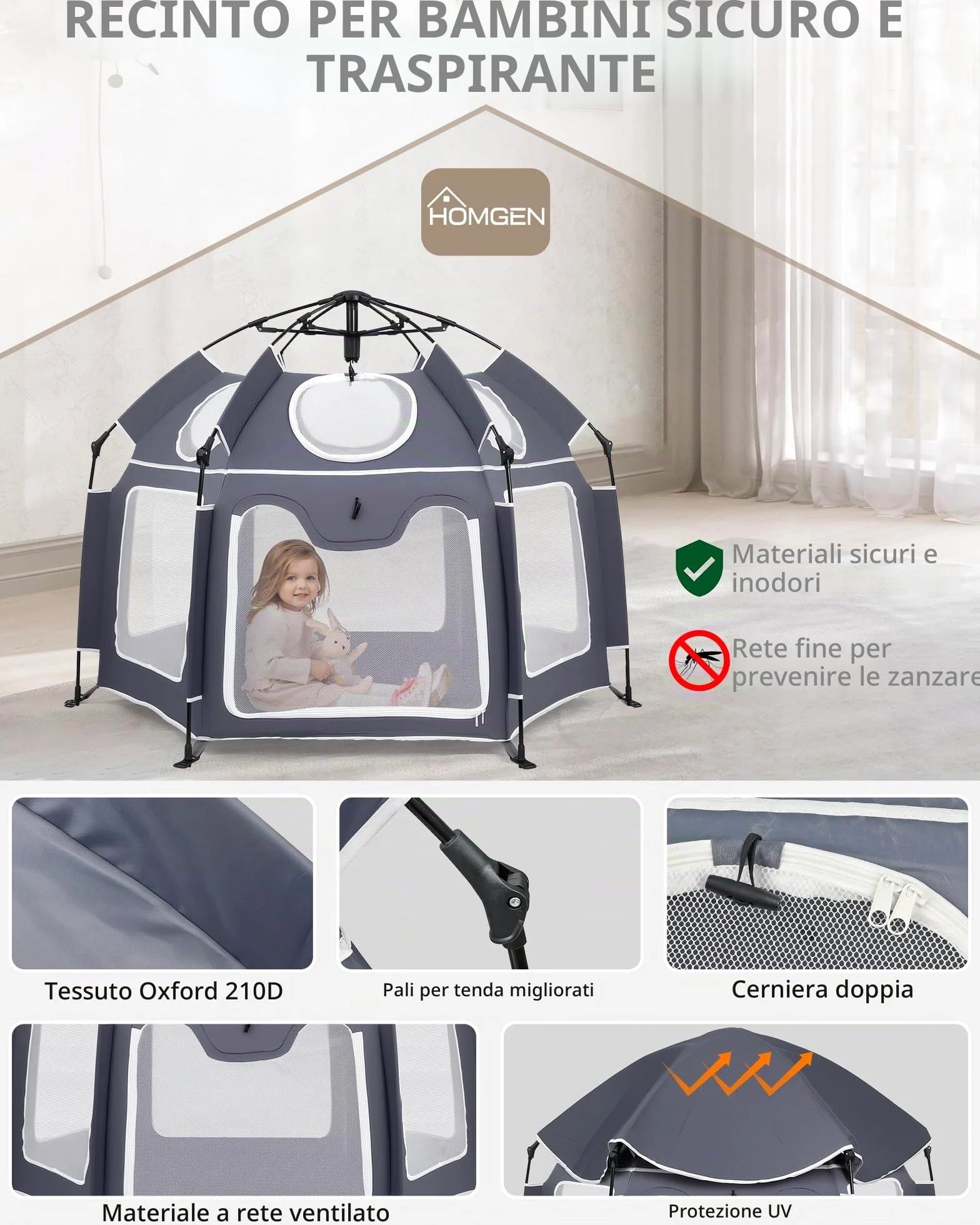 HOMGEN Box Pieghevole POP-UP 150x110 cm con Copertura UV Rimovibile in Tessuto Oxford 210D Box da Esterno per Bambini Portatile in Rete per Spiaggia, Parco e Casa