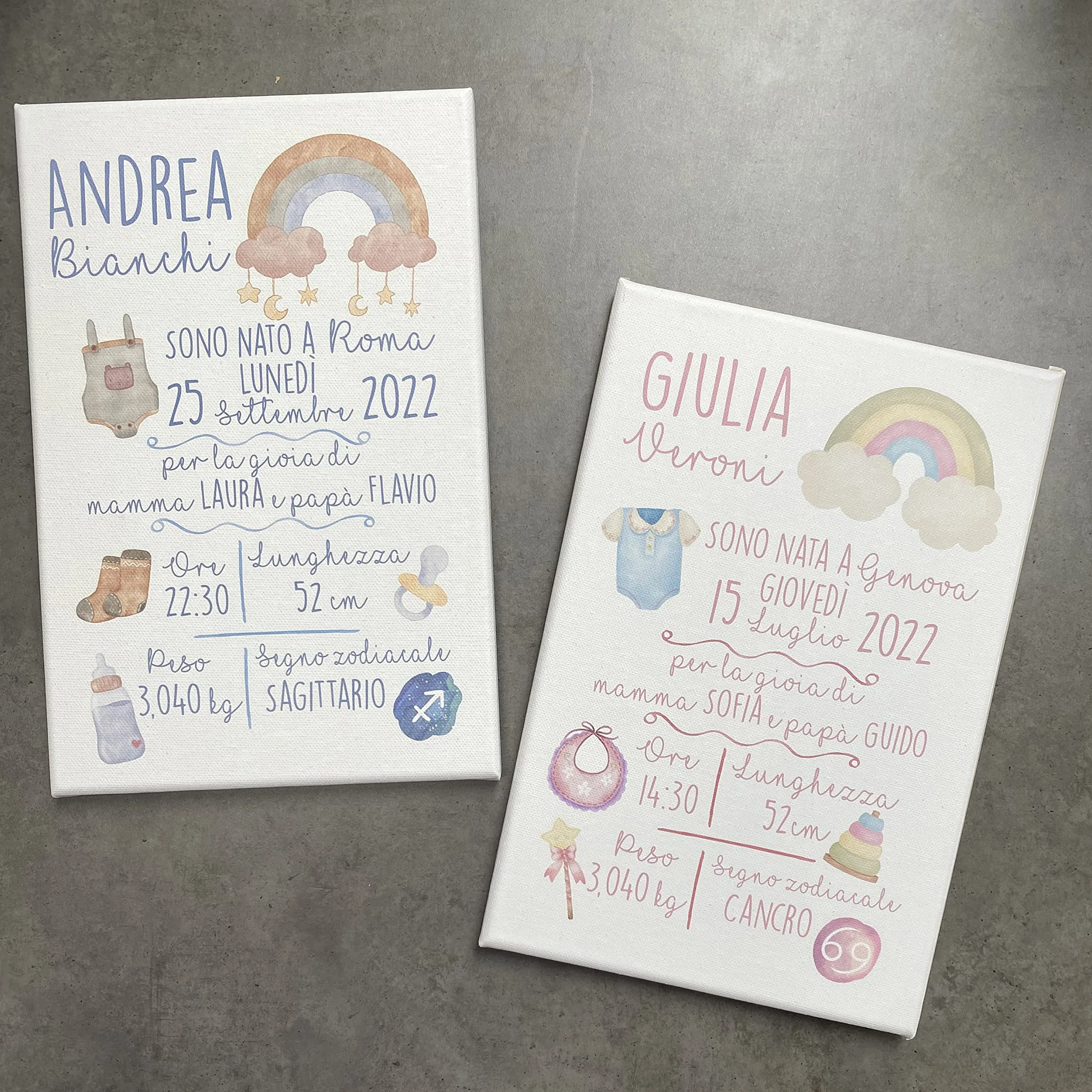Memotak Quadro in Tela Quadretto Nascita Personalizzato Idea Regalo Bimba Bimbo Neonata Neonato Grafica Arcobaleno 20X30cm (Rosa)