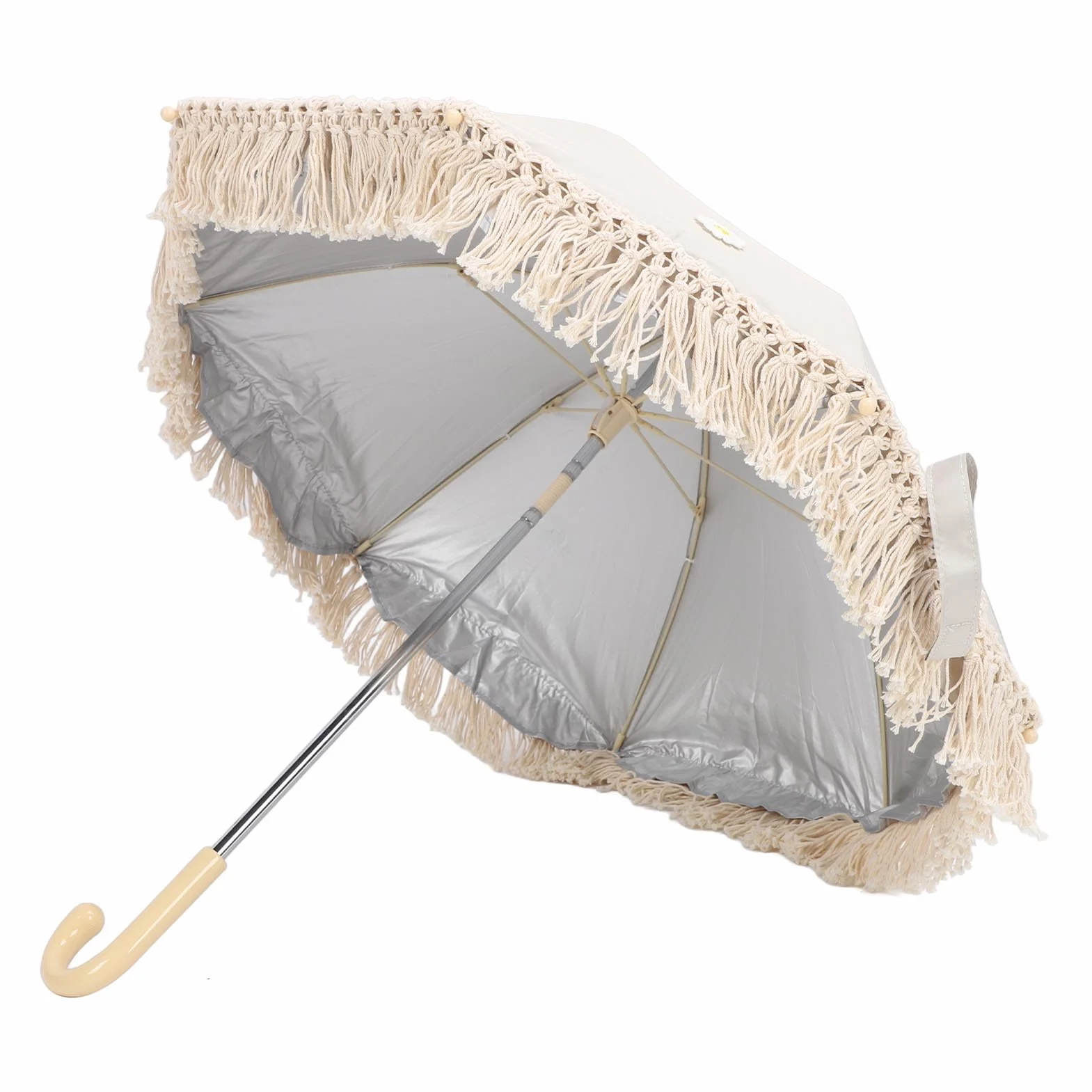 Ombrellone parasole per bambini, resistente ai raggi UV, per bambini, spiaggia, con nappe per passeggino, passeggino, tribune (beige con piccolo crisantemo)