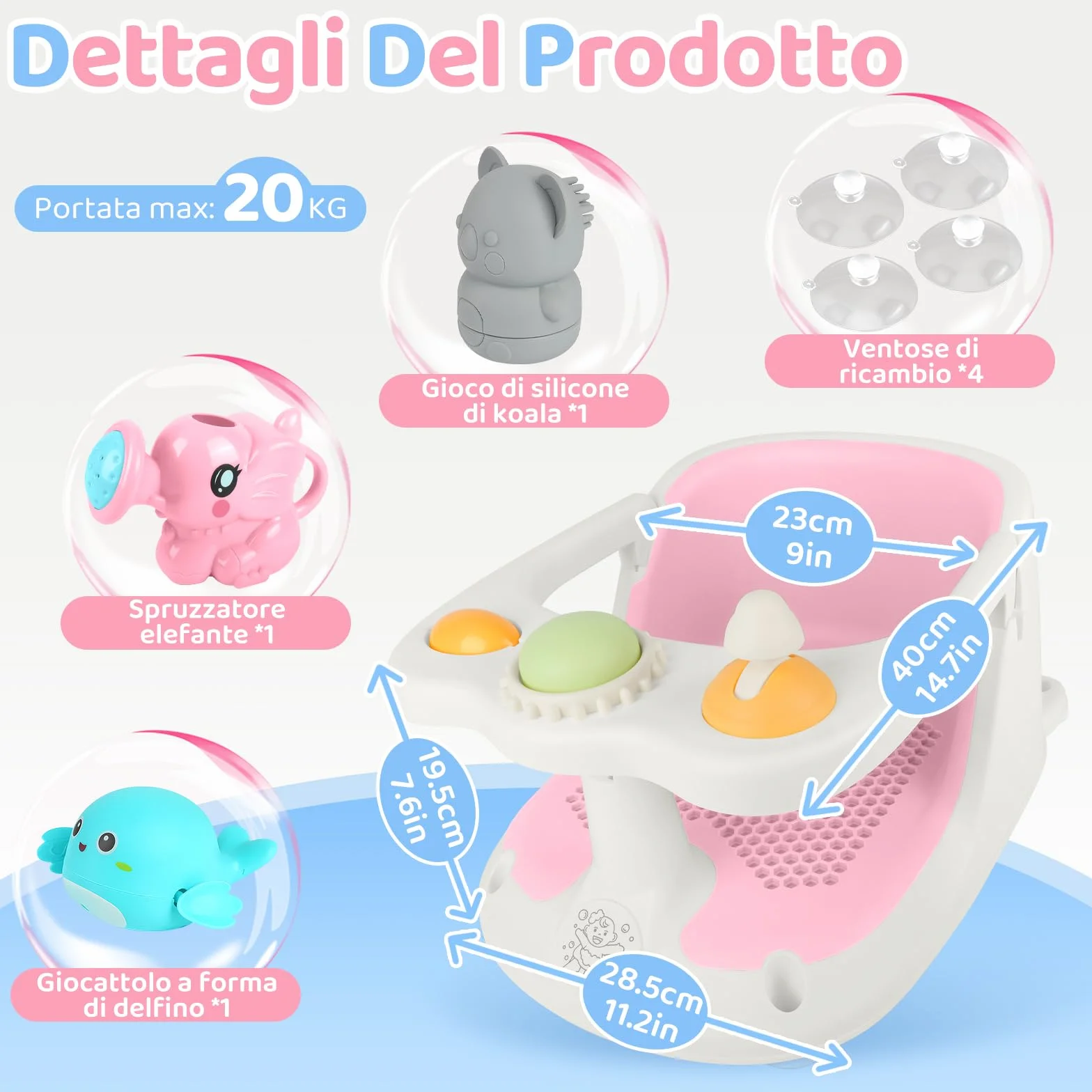 Aragallant Seggiolino da Bagno per Bambini 6 mesi+, Seggiolino Antiscivolo per Vasca da Bagno, Sedia da Bagno con Giocattoli, Seggiolino per Doccia Bambini con Ventose (Rosa)