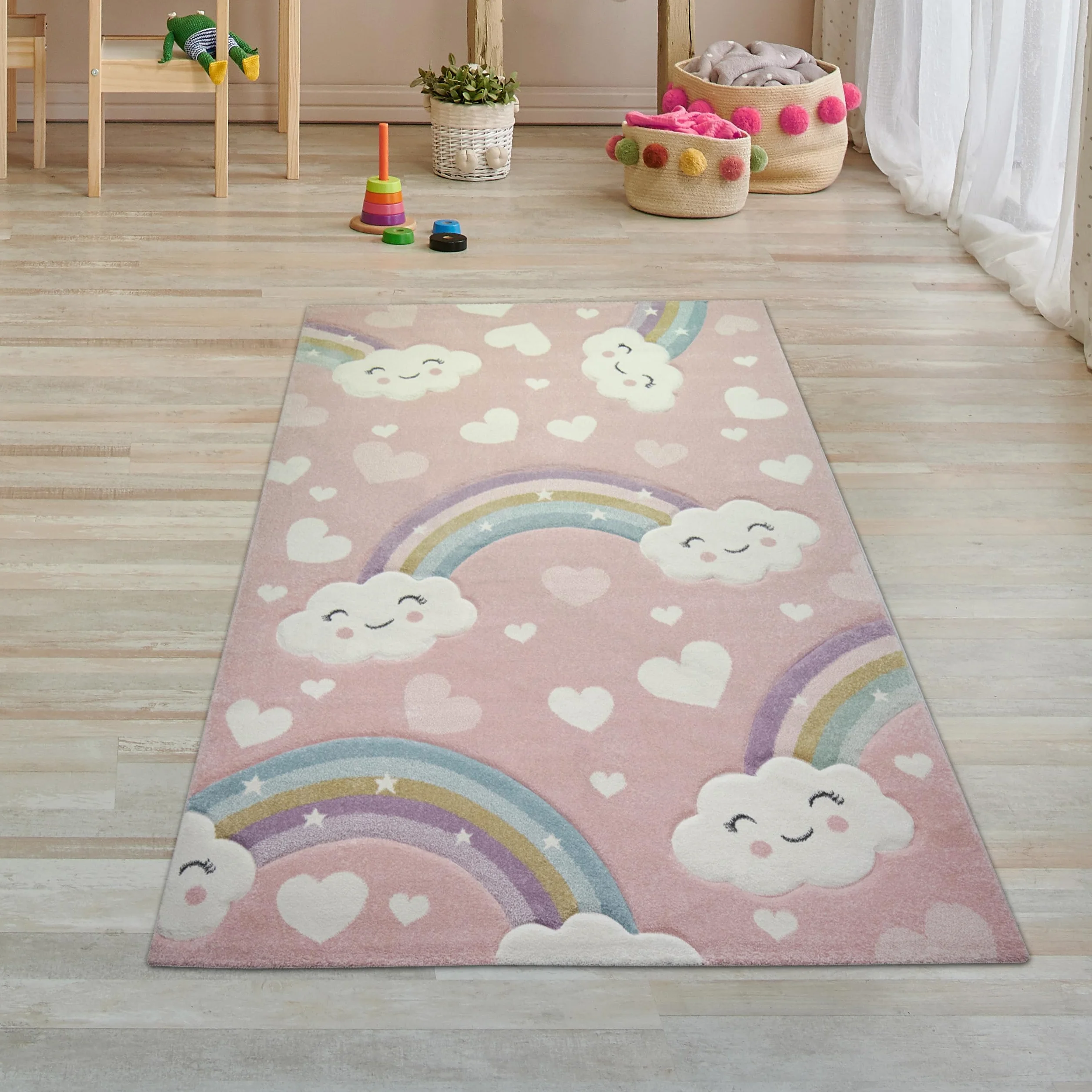 Teppich-Traum Tappeto per Bambini in Camera Arcobaleno con Nuvole e Cuori Rosa Größe 80x150 cm