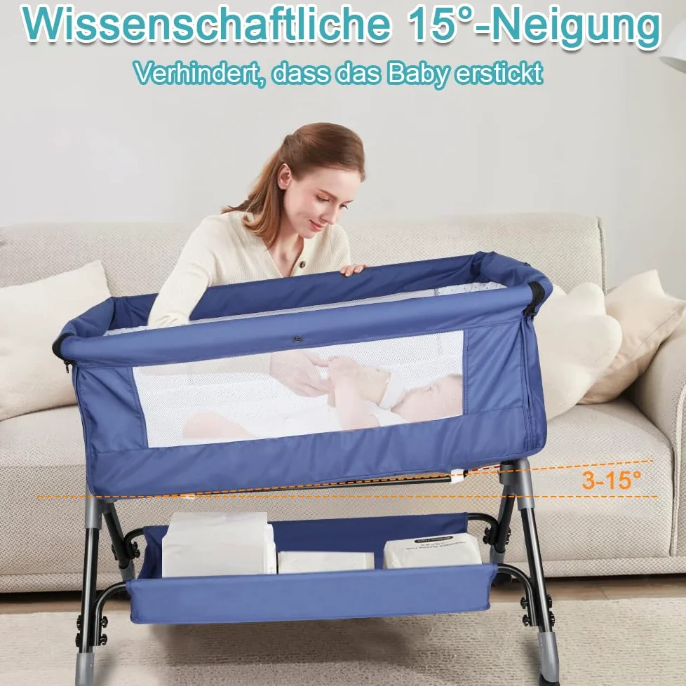 OHMG Culla Neonato con Materasso Imbottito,Culla Cododo,Culla Co-sleeping,Culla Bambini Pieghevole con 5 Altezze Regolabili,Lettino per Bambini,per Bambini 0-6 Mesi (Blu tibetano (104x52x103-115cm))