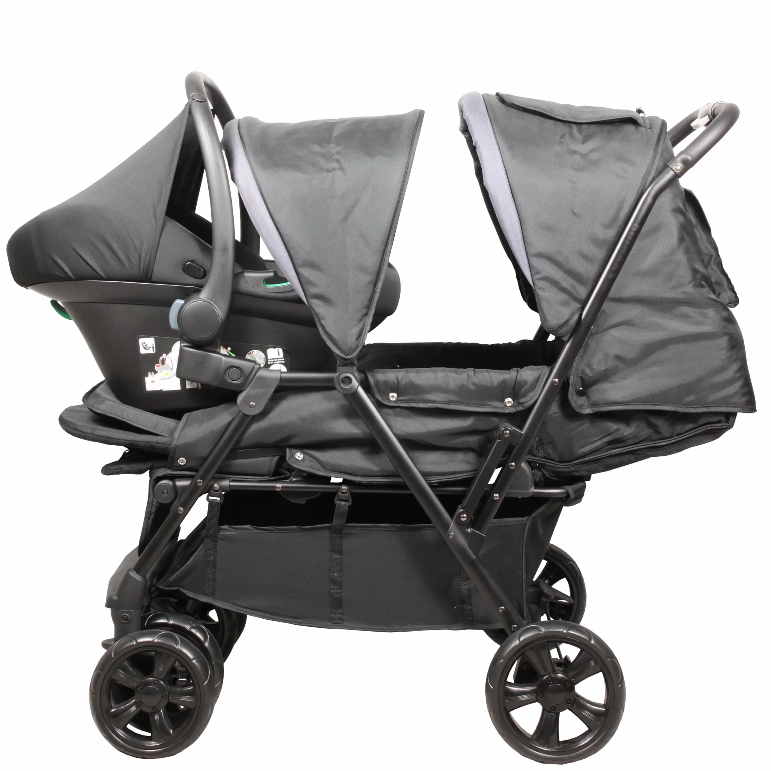 Passeggino gemellare doppio - BAMBISOL - Passeggino doppio combinato + Seggiolino auto I-size - 4 ruote - Nero