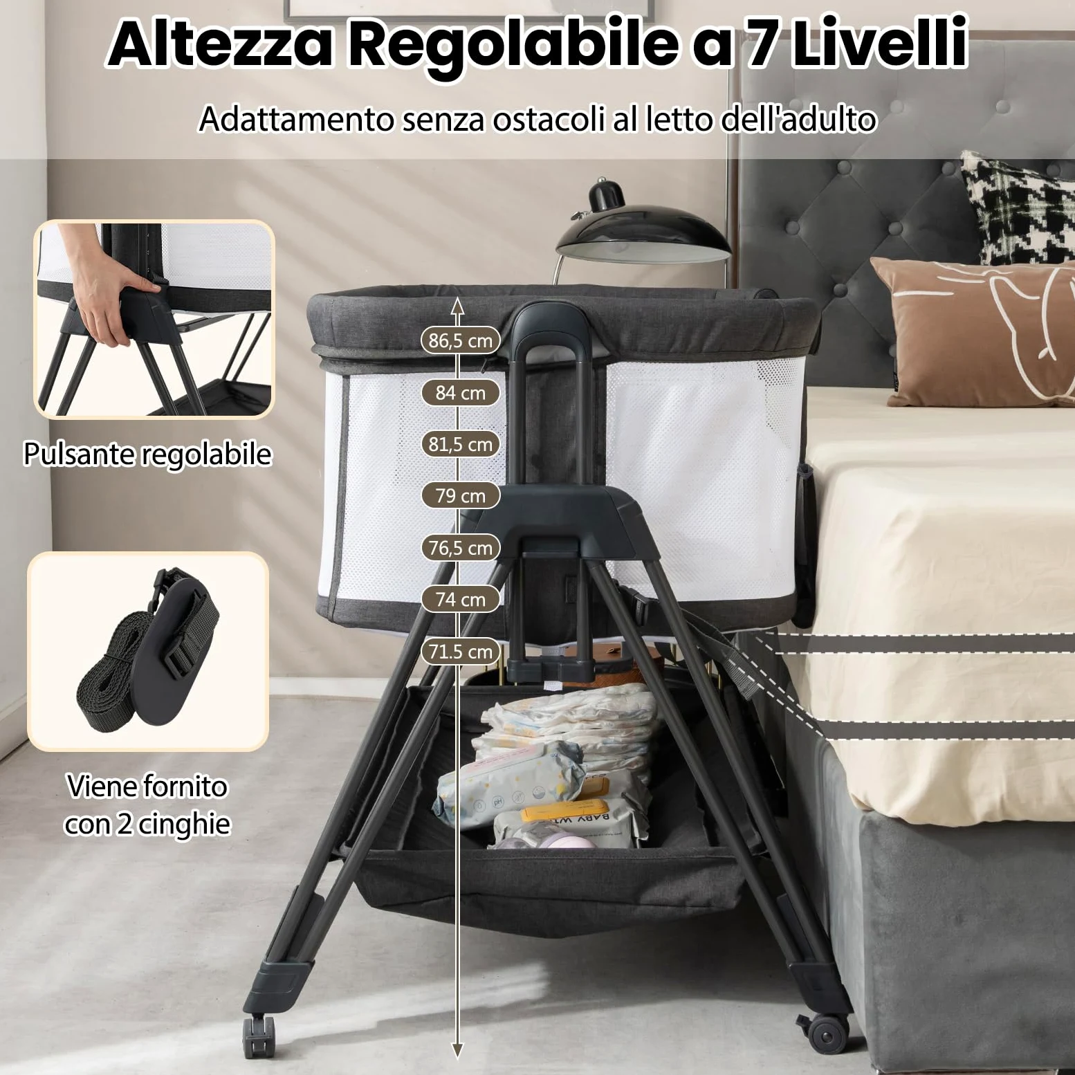 RELAX4LIFE Culla Neonato Fianco Letto, Culla da Campeggio con Materasso e Cinghia Fissaggio, Regolabile In Altezza 7 Posizioni, Borsa di Trasporto, per Bambini 0-6 Mesi (1, Nero)