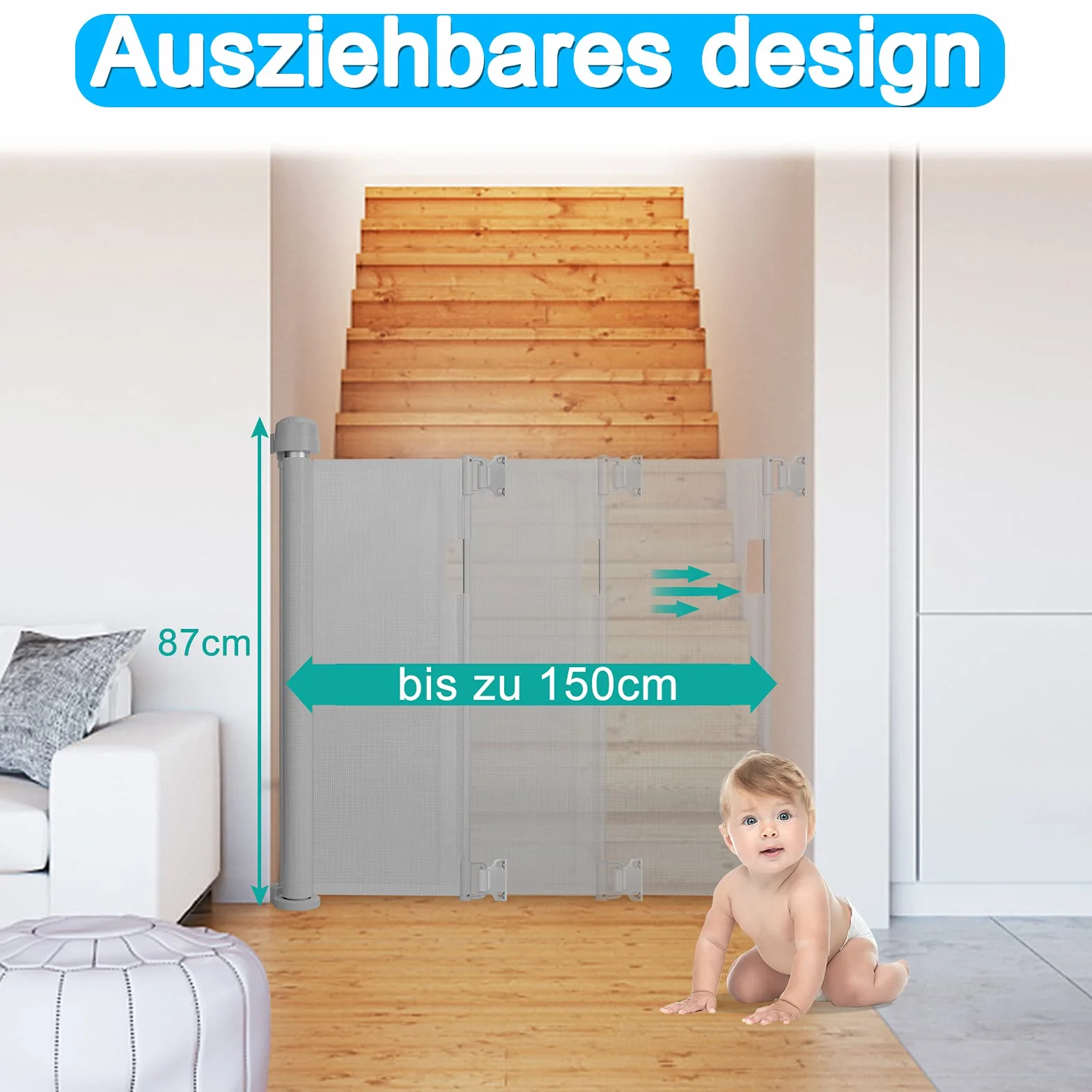Froadp Griglia di protezione per scale, estensibile da 0 a 180 cm, adatta per bambini e animali domestici, porta retrattile, adatta per interni ed esterni (grigio, 0-180 cm)