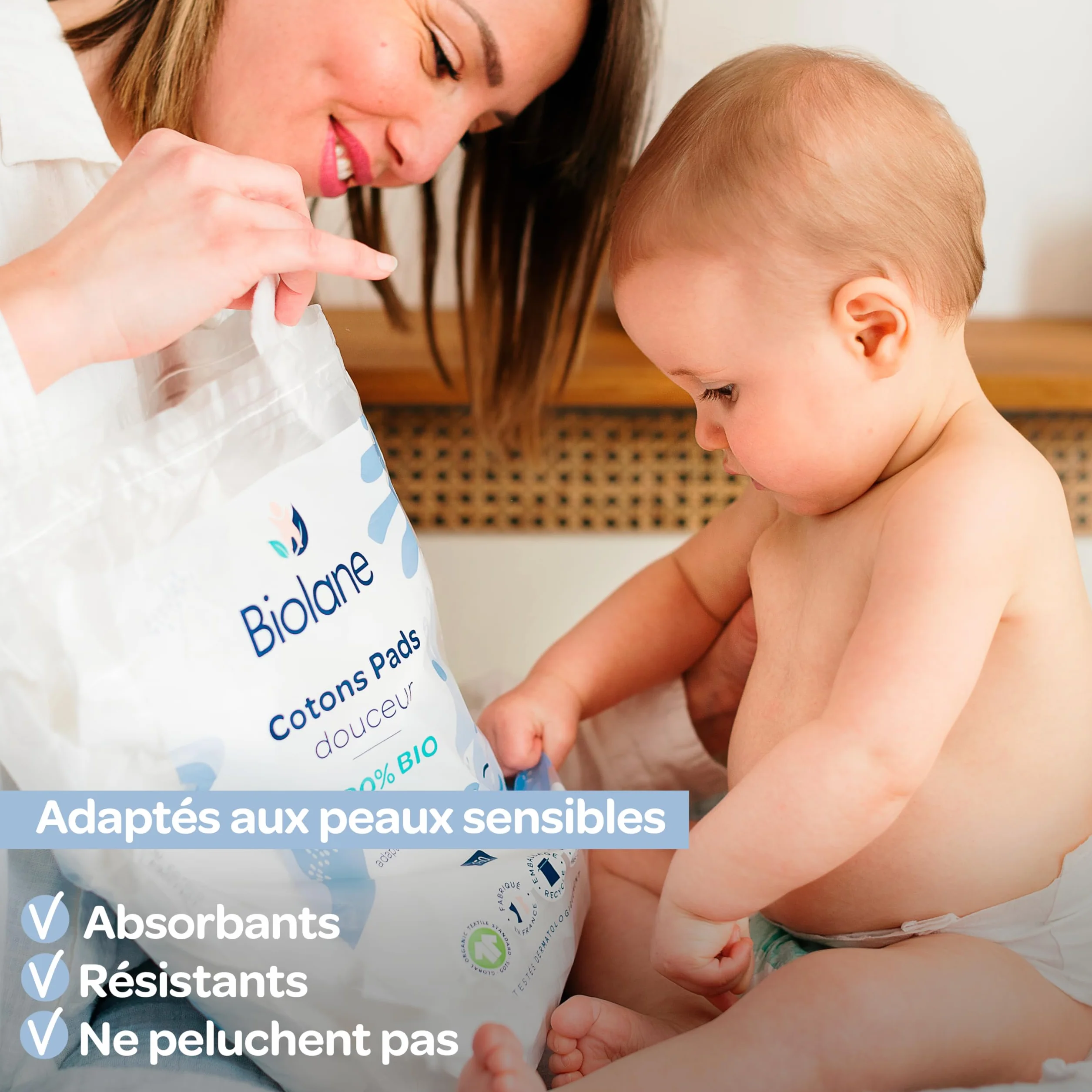 BIOLANE - Set di 3 tamponi morbidi in cotone - Bambino - 100% Bio - 150 cotone - Pelle sensibile - Cambia & Toilette - Fin dalla nascita - Made in France