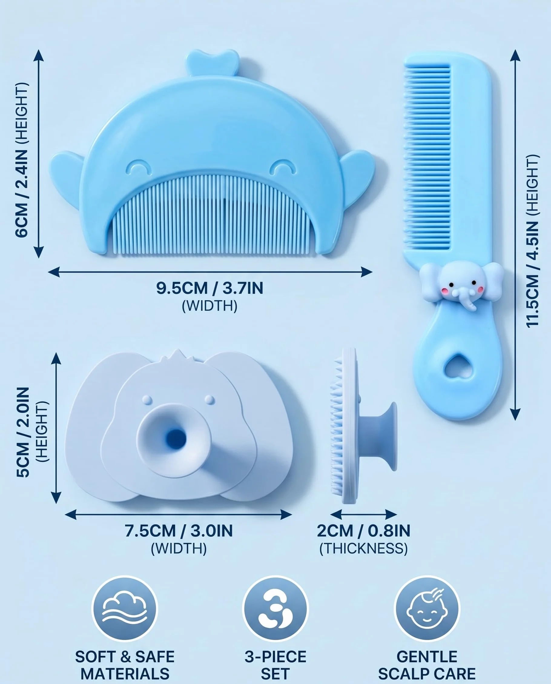 3 pezzi spazzola da bagno e pettine neonato, silicone, contro crosta lattea, per neonati, blu