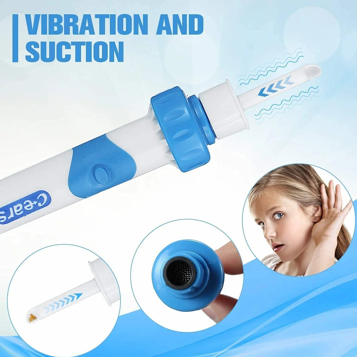 Pulisci Orecchie, Elettrico Pulitore per Orecchie, Q Grips Rimuovi Cerume, Q Twist Pulisci Orecchie con Manico e 2 Punte Lavabili, Sicuro e Morbido Adatto per Famiglia