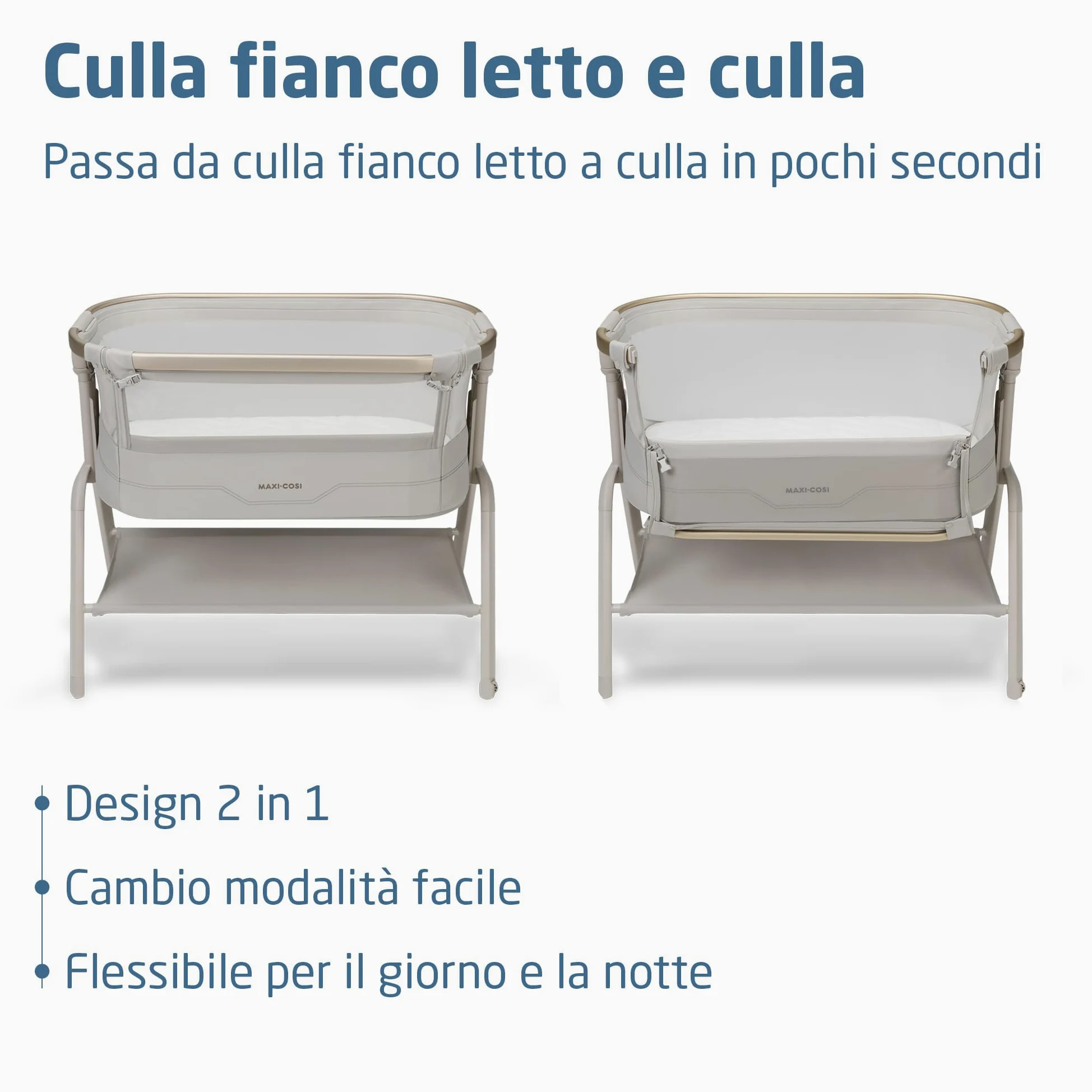Maxi Cosi Iora² Culla Co-Sleeping, 0–6 Mesi (9 kg), Culla Neonato Fianco Letto Pieghevole e Leggera, Materasso 5 cm CloudCore, 5 Livelli, 2 Ruote Scorrevoli, Funzione Easy Slide, Elegance Beige