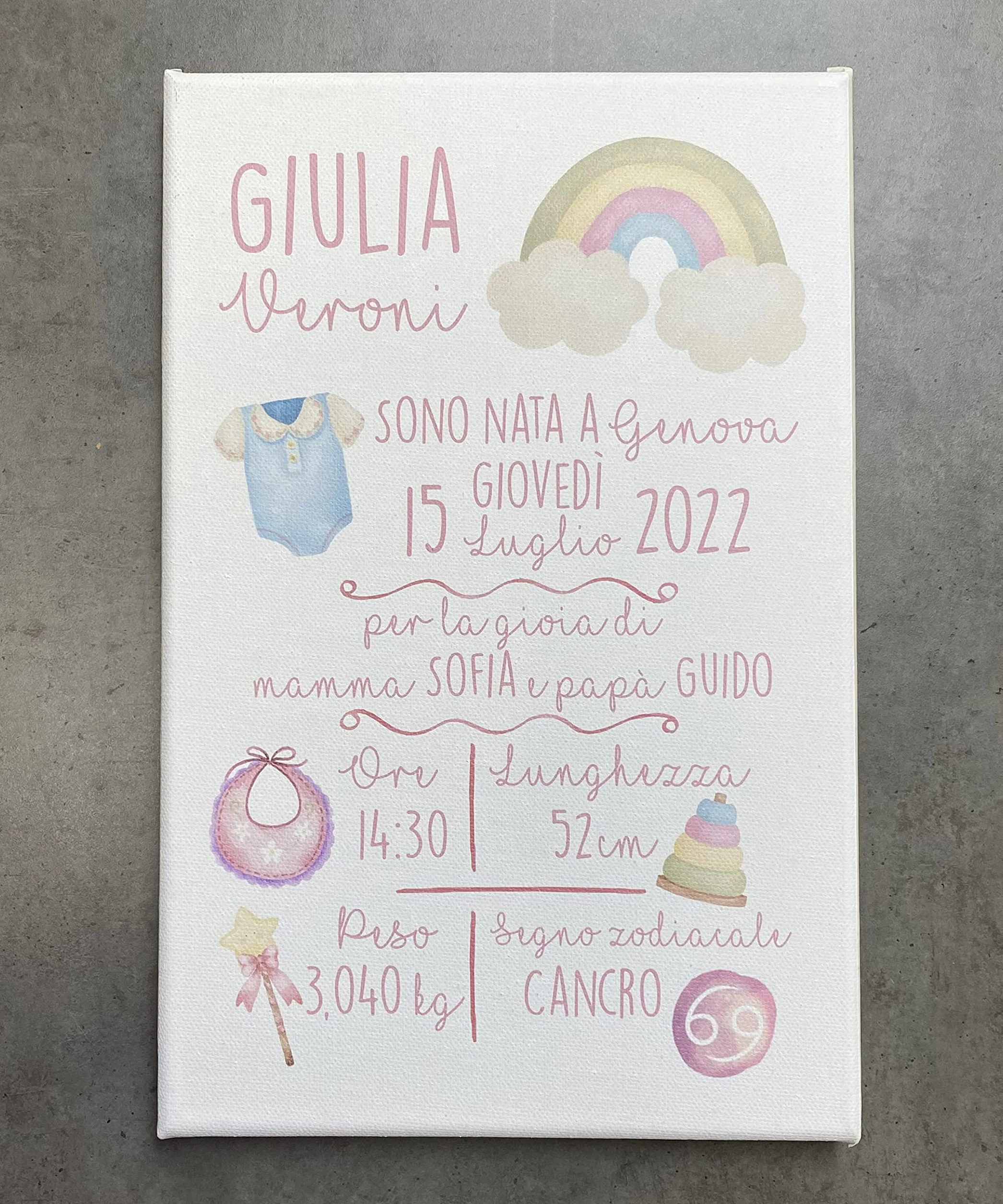 Memotak Quadro in Tela Quadretto Nascita Personalizzato Idea Regalo Bimba Bimbo Neonata Neonato Grafica Arcobaleno 20X30cm (Rosa)