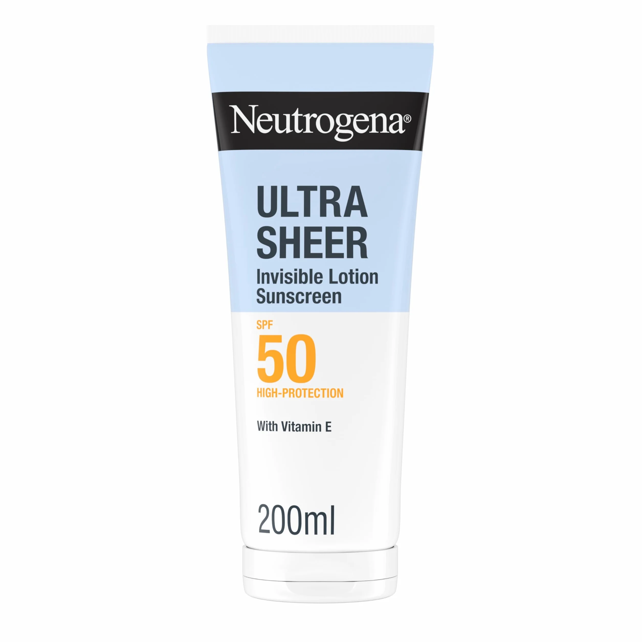 Neutrogena Ultra Sheer Lozione Idratante Invisibile Protezione Solare SPF 50 200 ml, Crema solare 50 viso e corpo con Vitamina E, Waterproof, Per tutti i tipi di pelle, Ultra-leggera, Senza profumo