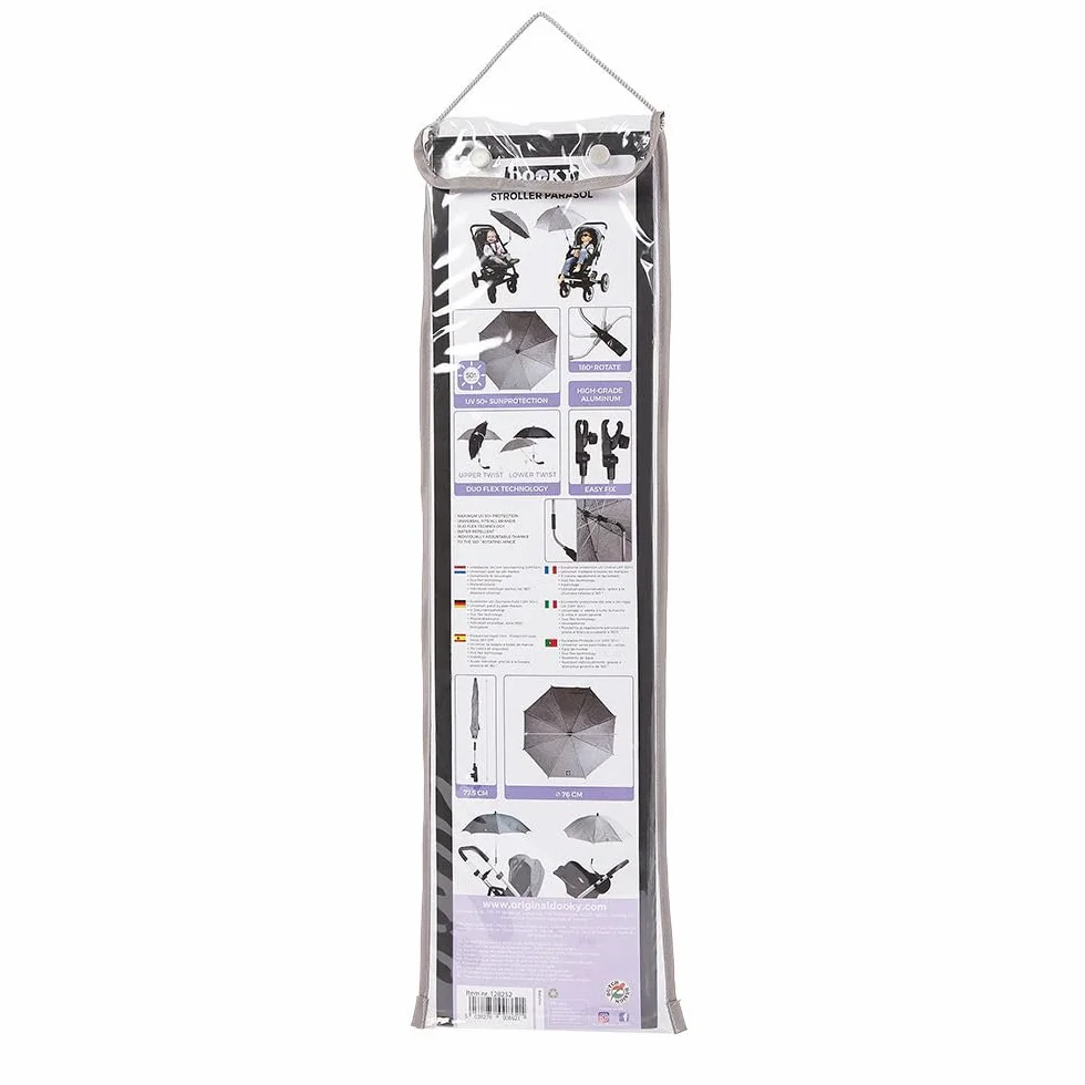 Ombrellone Dooky per carrozzina o passeggino (universale e flessibile, protezione UPF 50+, flessibilità di 180 gradi, tecnologia flex, sistema easyfix, idrorepellente), Grigio