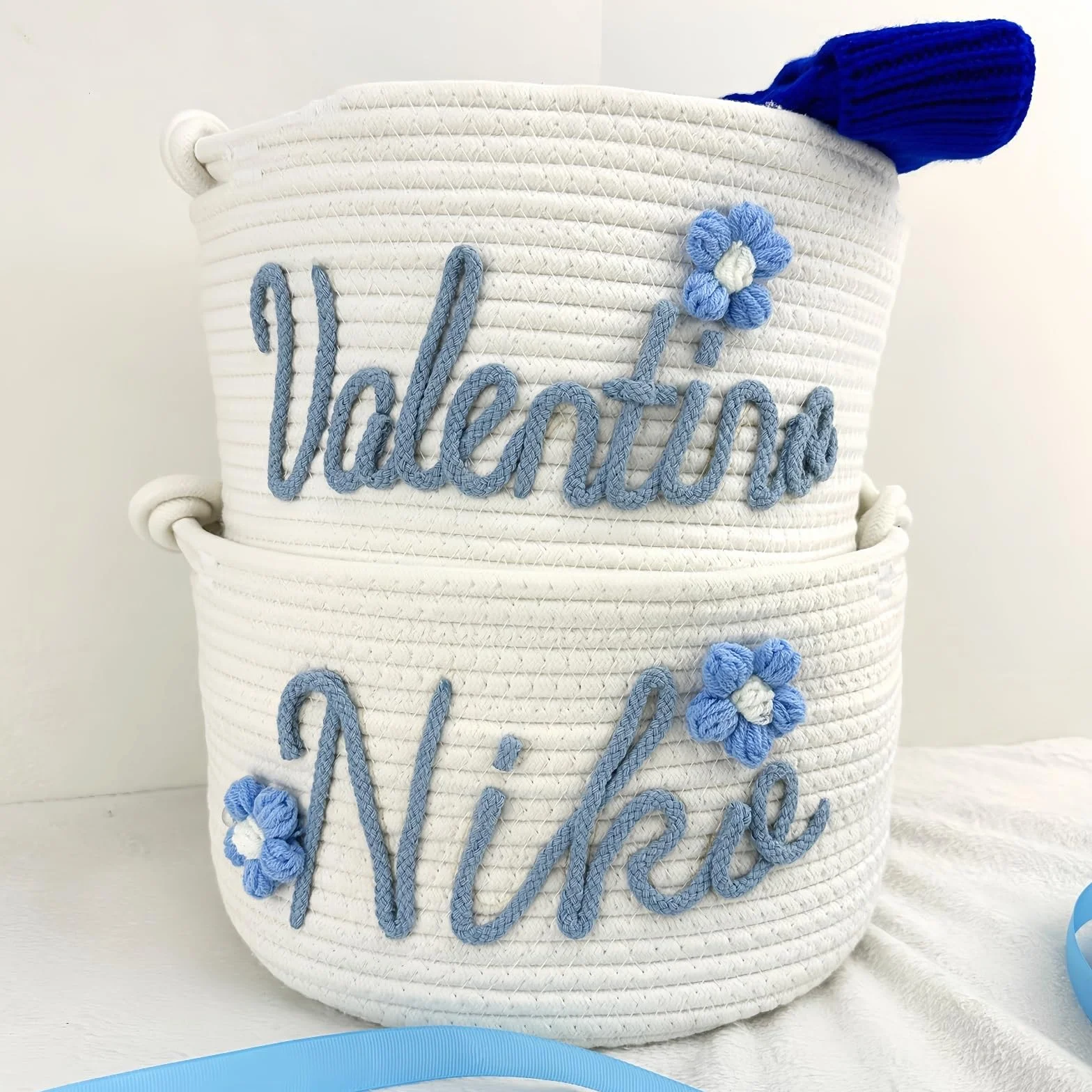 Cestino Intrecciato In Corda Di Cotone Personalizzato Con Nome per Neonato, Regalo Personalizzato per Battesimo Neonato, Contenitore per Pannolini, Contenitore Portaoggetti per Neonati(28cm x 16cm)