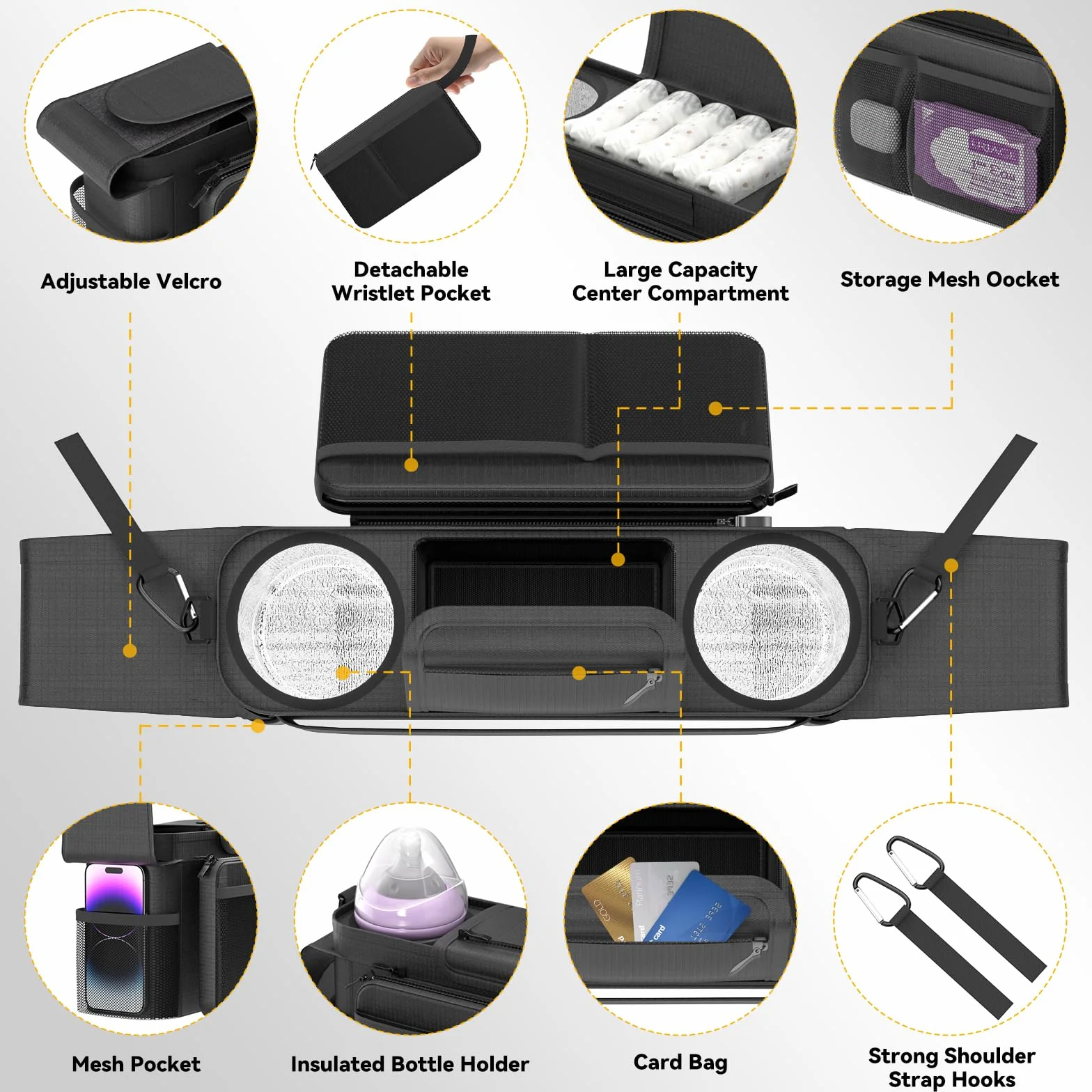 KDD Borsa Passeggino con Portabicchieri Isolato, Borsa per Passeggino con Tasca da Polso e Tracolla Staccabili, Organizer per Passeggino Universale, Borsa Carrozzina Neonato per Uppababy, Doona, Nuna